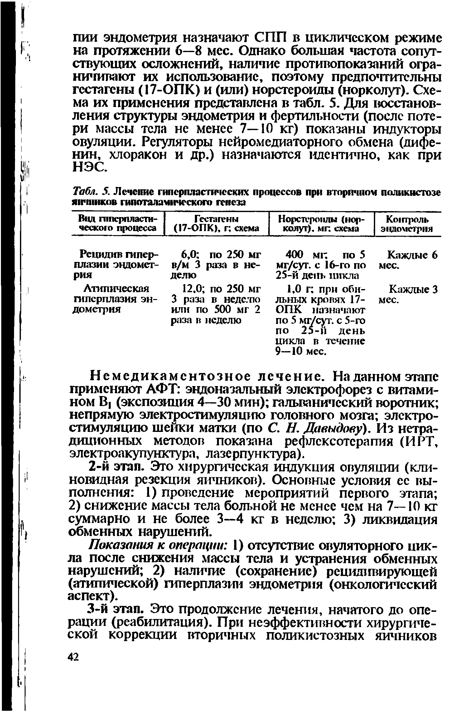 Табл. 5. Лечение гиперпластических процессов при вторичном поликистозе яичников гипоталамического генеза...