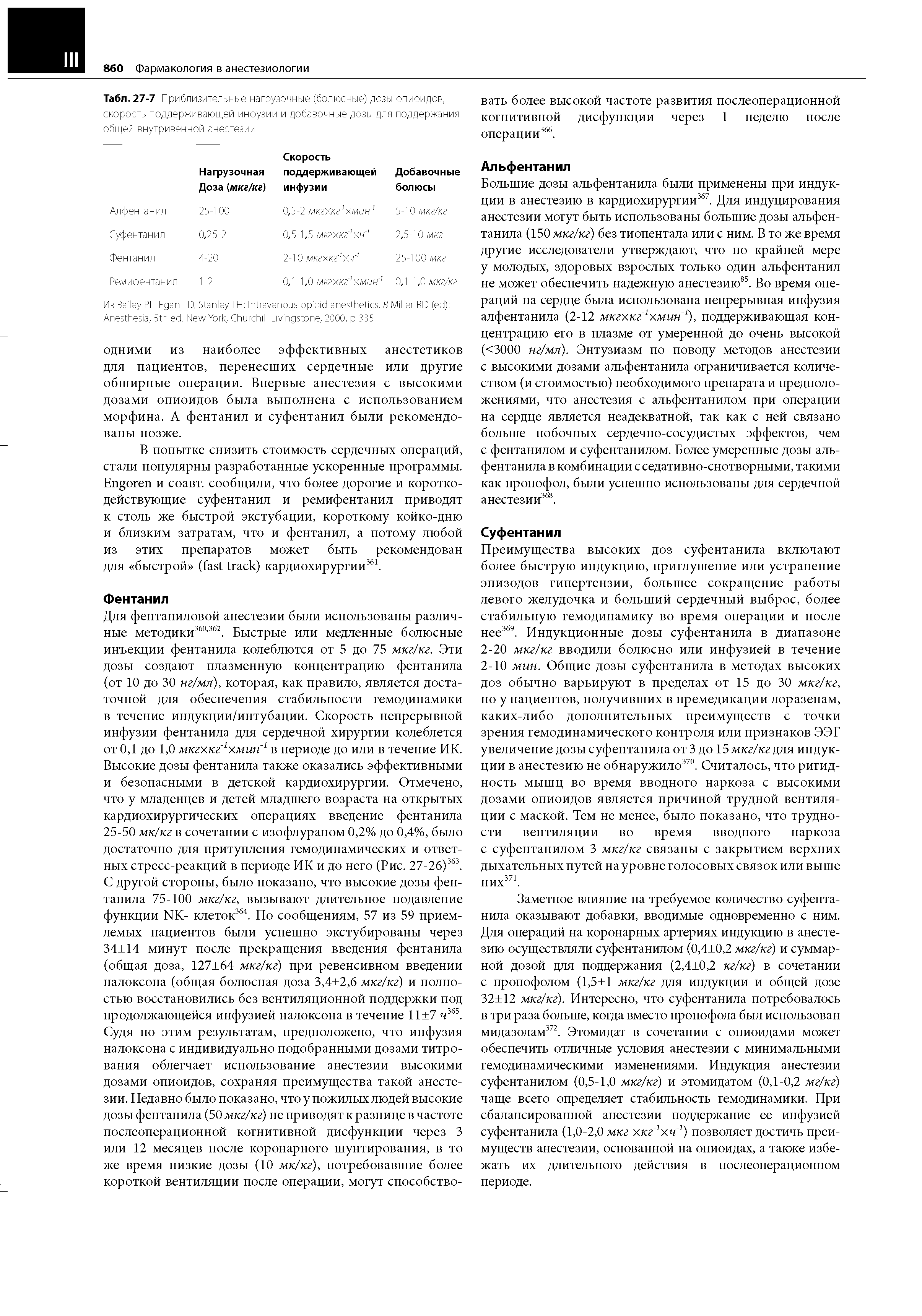 Табл. 27-7 Приблизительные нагрузочные (болюсные) дозы опиоидов, скорость поддерживающей инфузии и добавочные дозы для поддержания общей внутривенной анестезии...