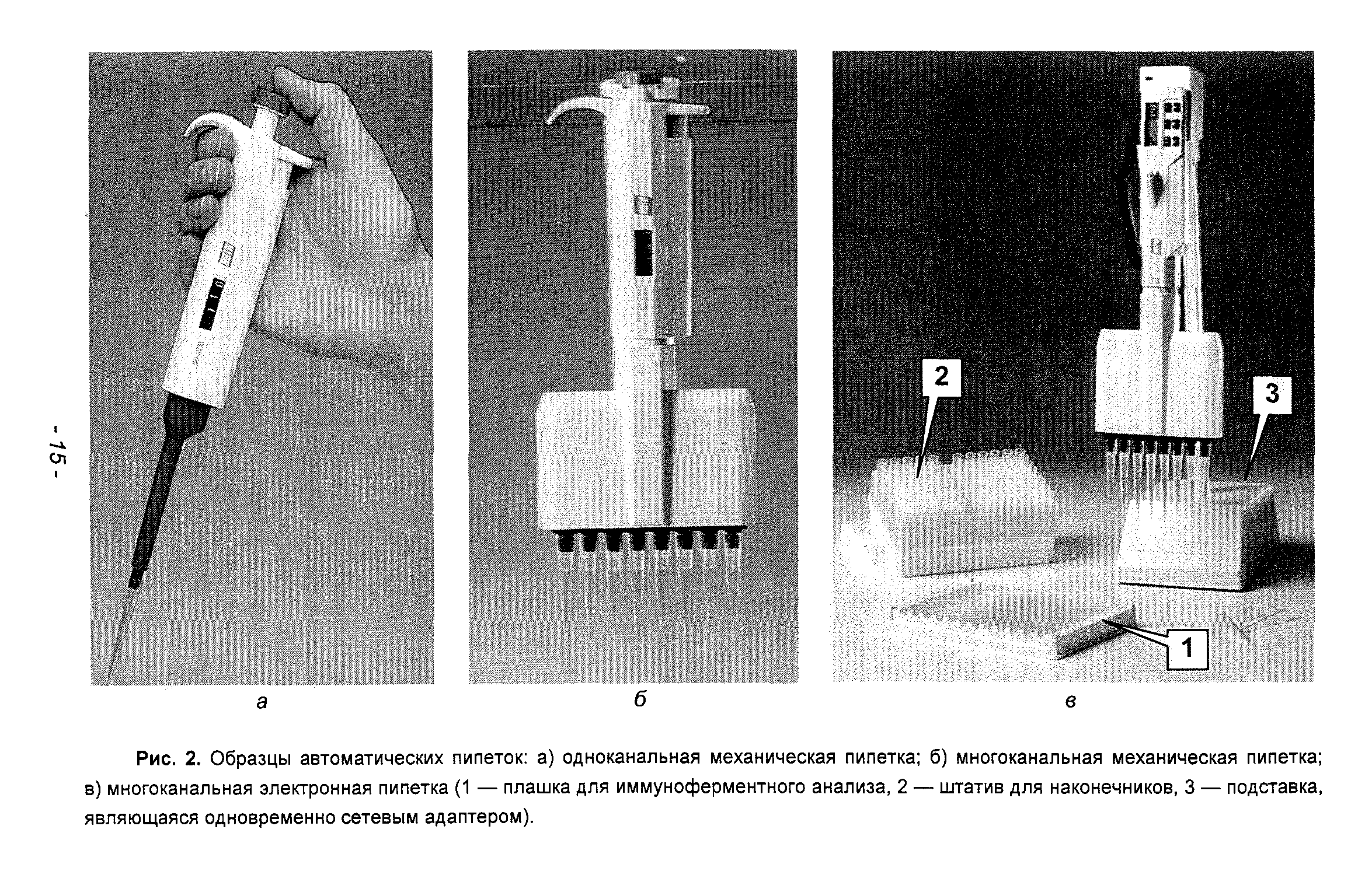 Рис. 2. Образцы автоматических пипеток а) одноканальная механическая пипетка б) многоканальная механическая пипетка в) многоканальная электронная пипетка (1 — плашка для иммуноферментного анализа, 2 — штатив для наконечников, 3 — подставка, являющаяся одновременно сетевым адаптером).
