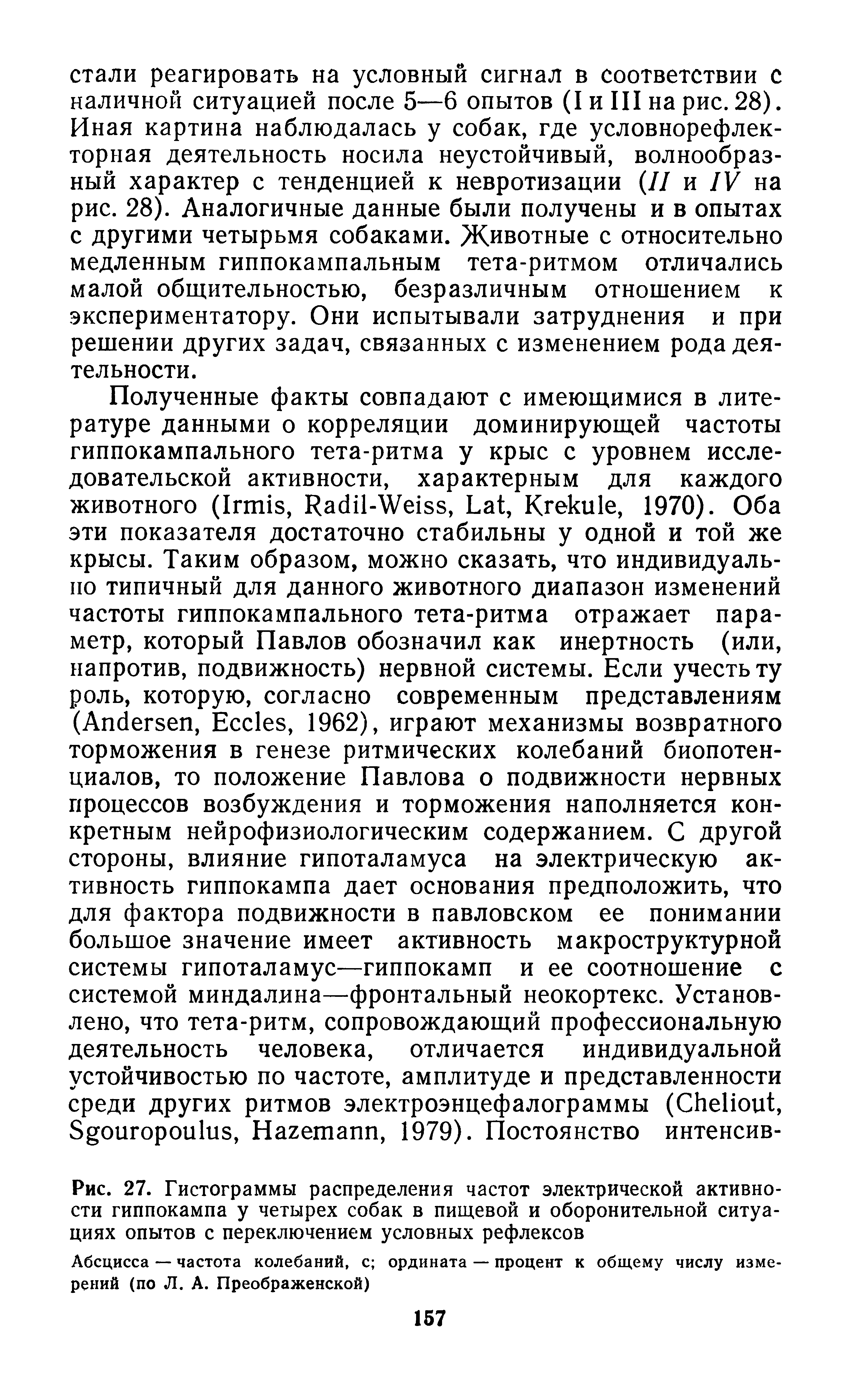 Рис. 27. Гистограммы распределения частот электрической активности гиппокампа у четырех собак в пищевой и оборонительной ситуациях опытов с переключением условных рефлексов...