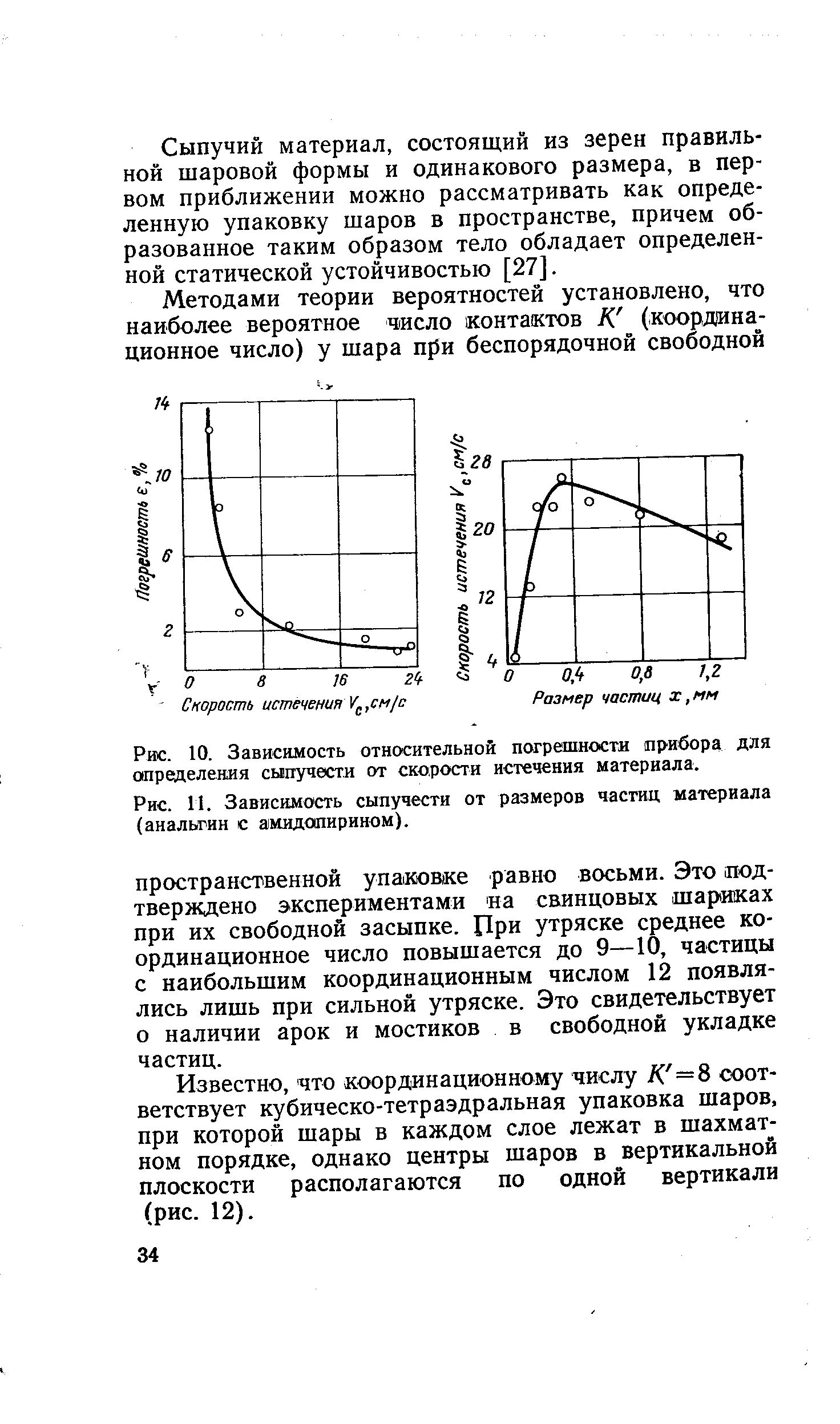 Рис. 11. Зависимость сыпучести от размеров частиц материала (анальгин с амидопирином).