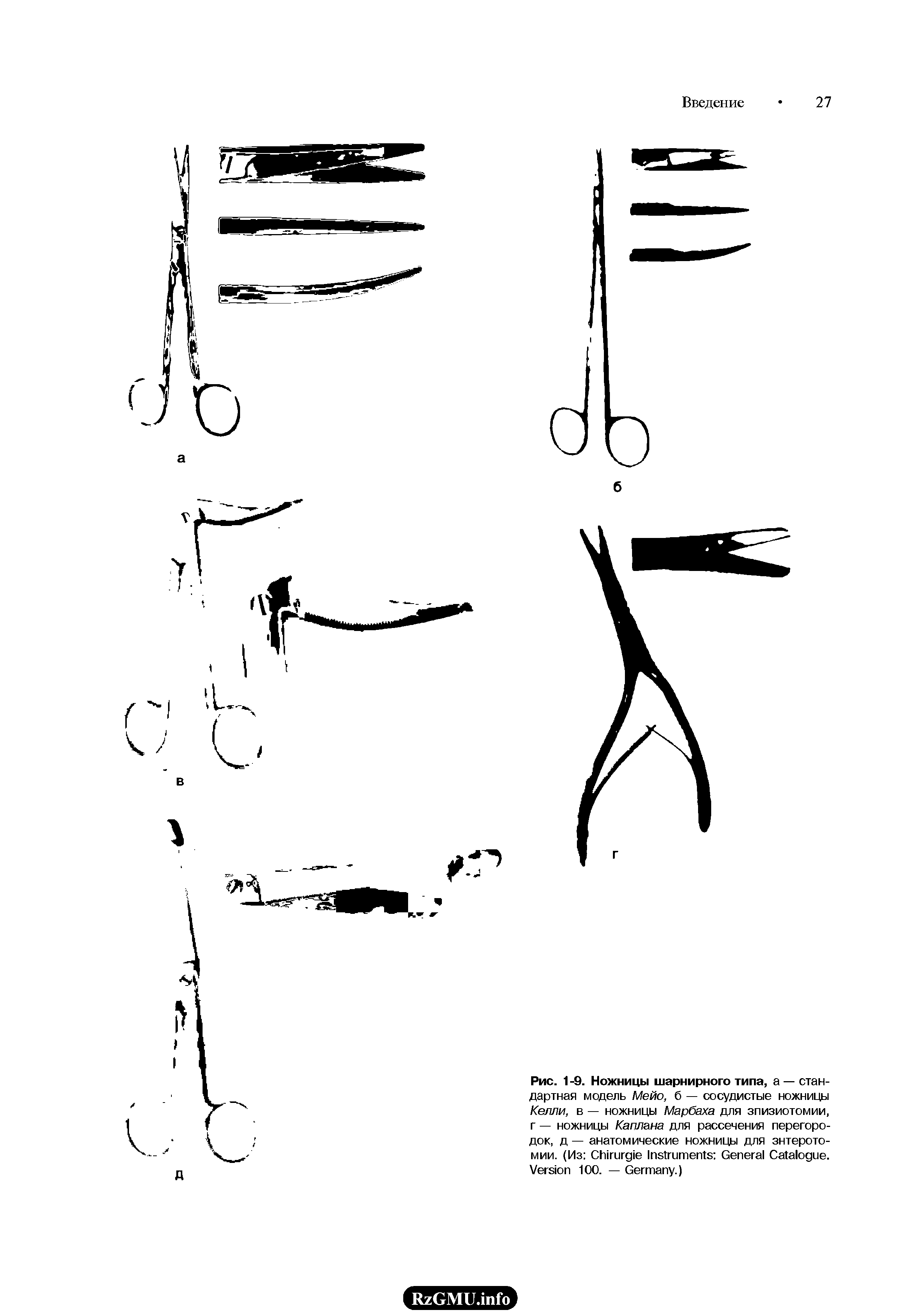 Рис. 1 -9. Ножницы шарнирного типа, а — стандартная модель Мейо, б — сосудистые ножницы Келли, в — ножницы Марбаха для эпизиотомии, г — ножницы Каплана для рассечения перегородок, д — анатомические ножницы для знтерото-мии. (Из C I G C . V 100. — G .)...