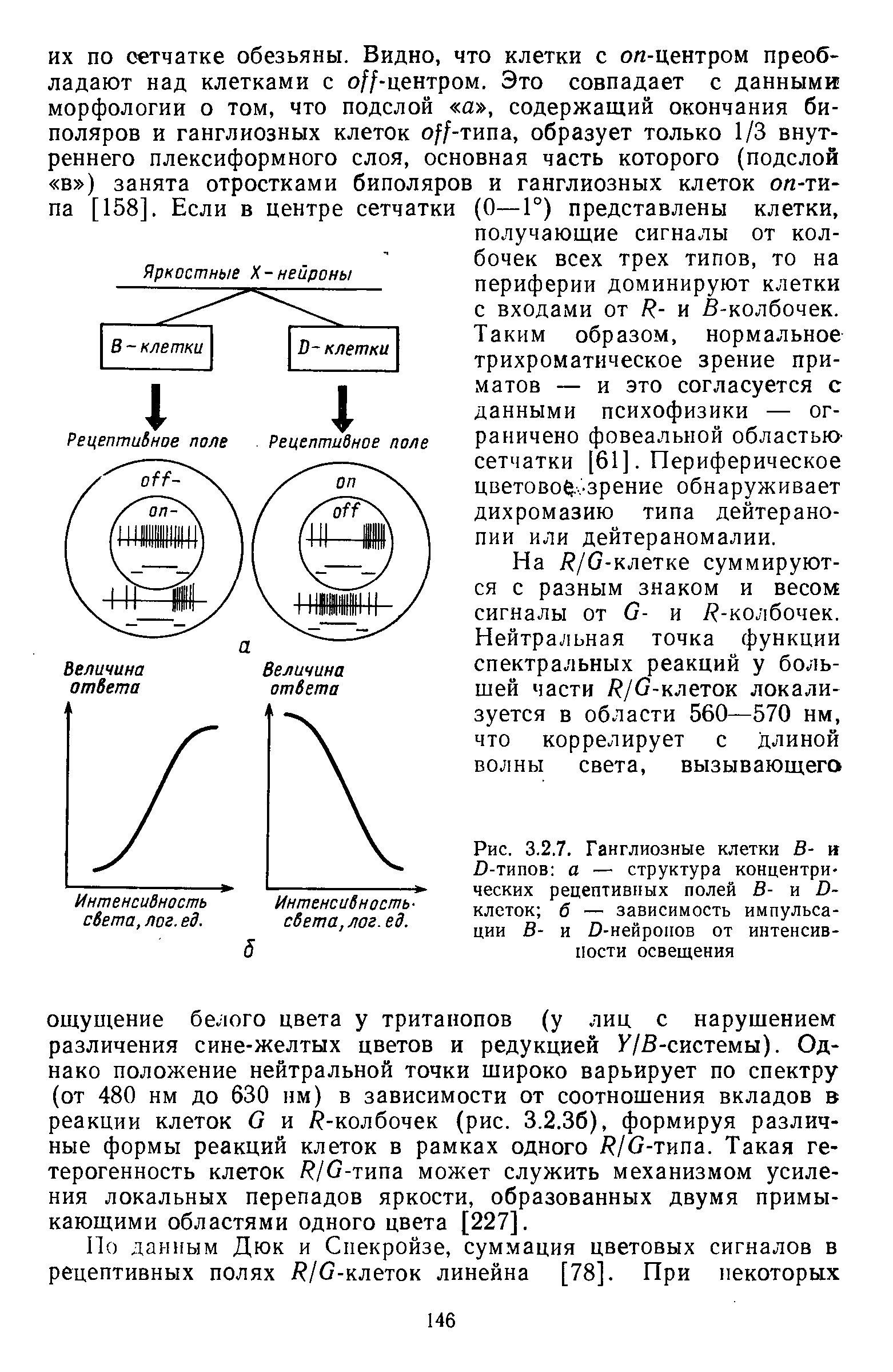 Рис. 3.2.7. Ганглиозные клетки В- и. О-типов а — структура концентрических рецептивных полей В- и О-клеток б — зависимость импульса-ции В- и О-нейропов от интенсивности освещения...