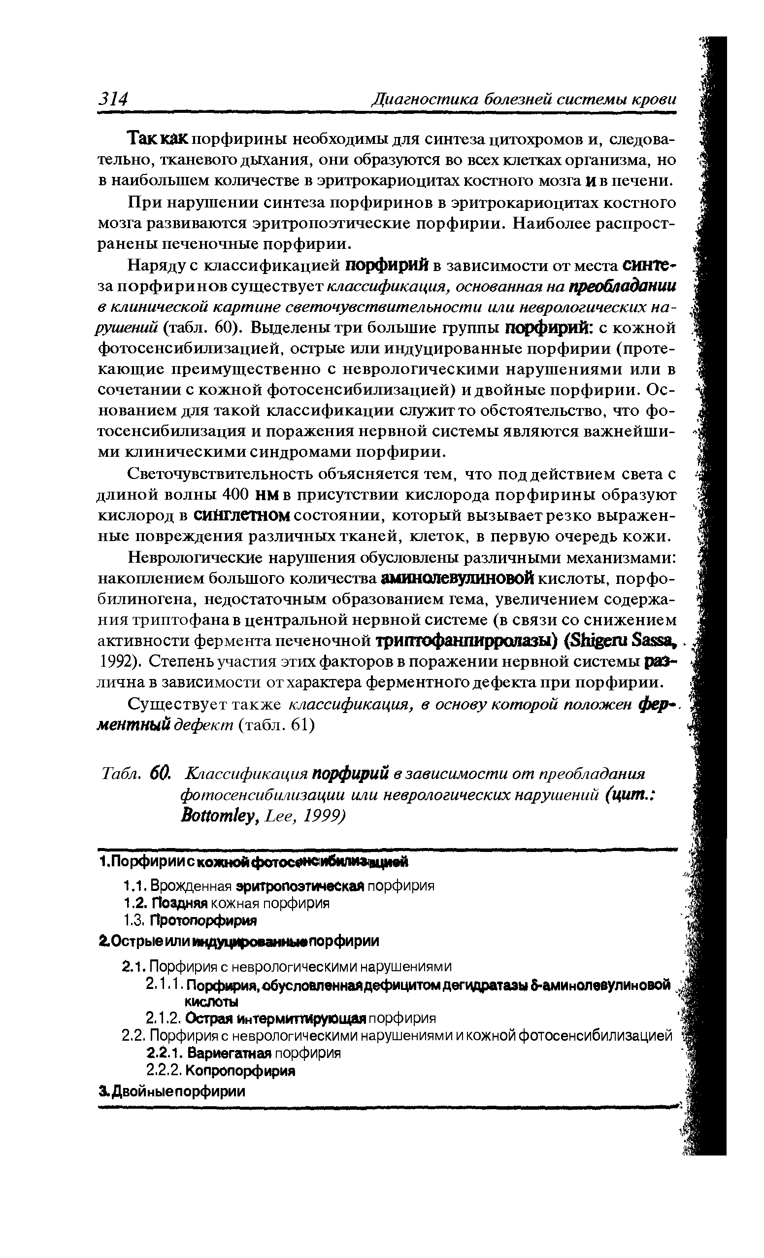 Табл. 60. Классификация Порфирий в зависимости от преобладания фотосенсибилизации или неврологических нарушений (цит. B , L , 1999)...