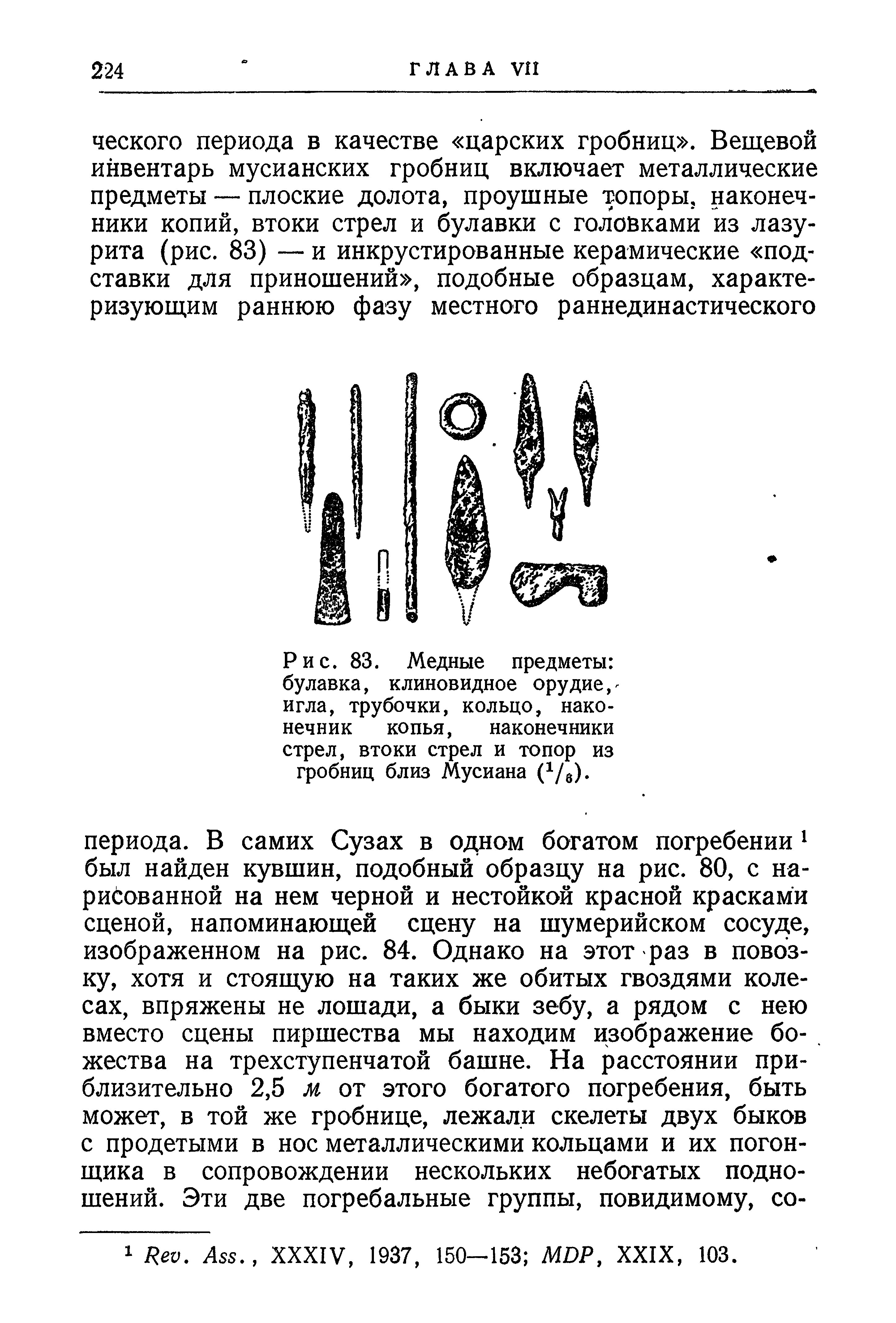 Рис. 83. Медные предметы булавка, клиновидное орудие,-игла, трубочки, кольцо, наконечник копья, наконечники стрел, втоки стрел и топор из гробниц близ Мусиана (1/8).