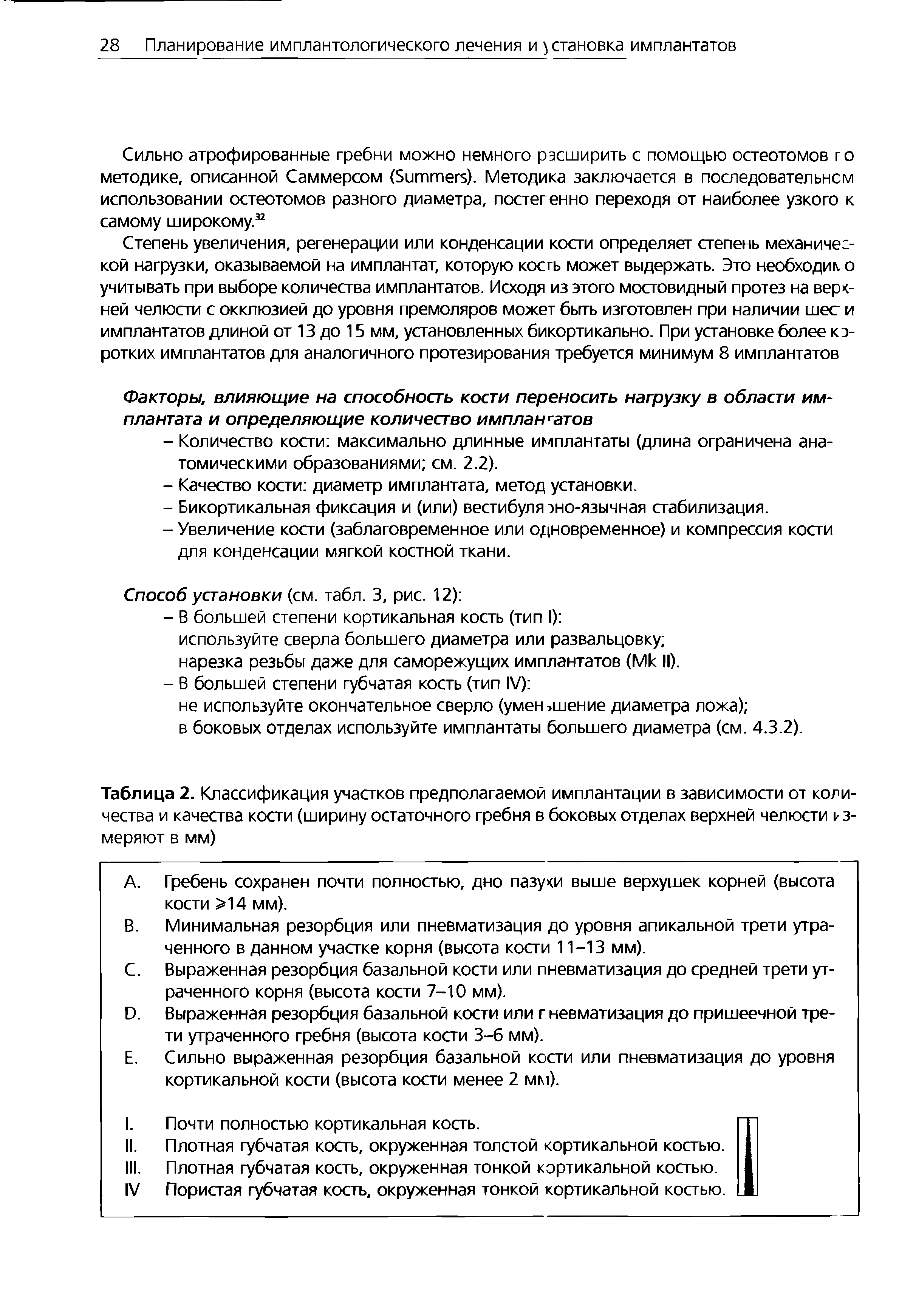 Таблица 2. Классификация участков предполагаемой имплантации в зависимости от количества и качества кости (ширину остаточного гребня в боковых отделах верхней челюсти измеряют в мм)...