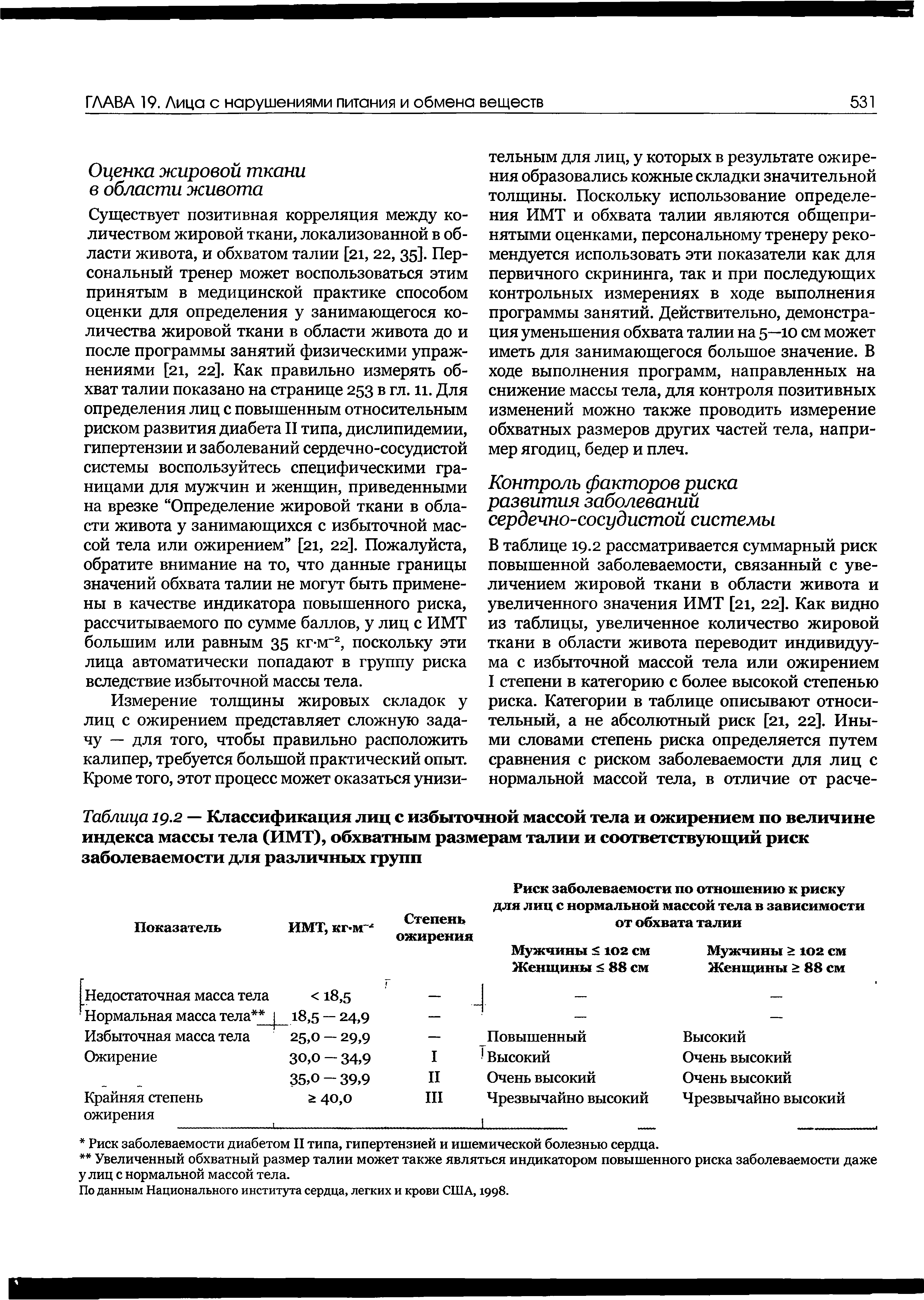 Таблица 19.2 — Классификация лиц с избыточной массой тела и ожирением по величине индекса массы тела (ИМТ), обхватным размерам талии и соответствующий риск заболеваемости для различных групп...