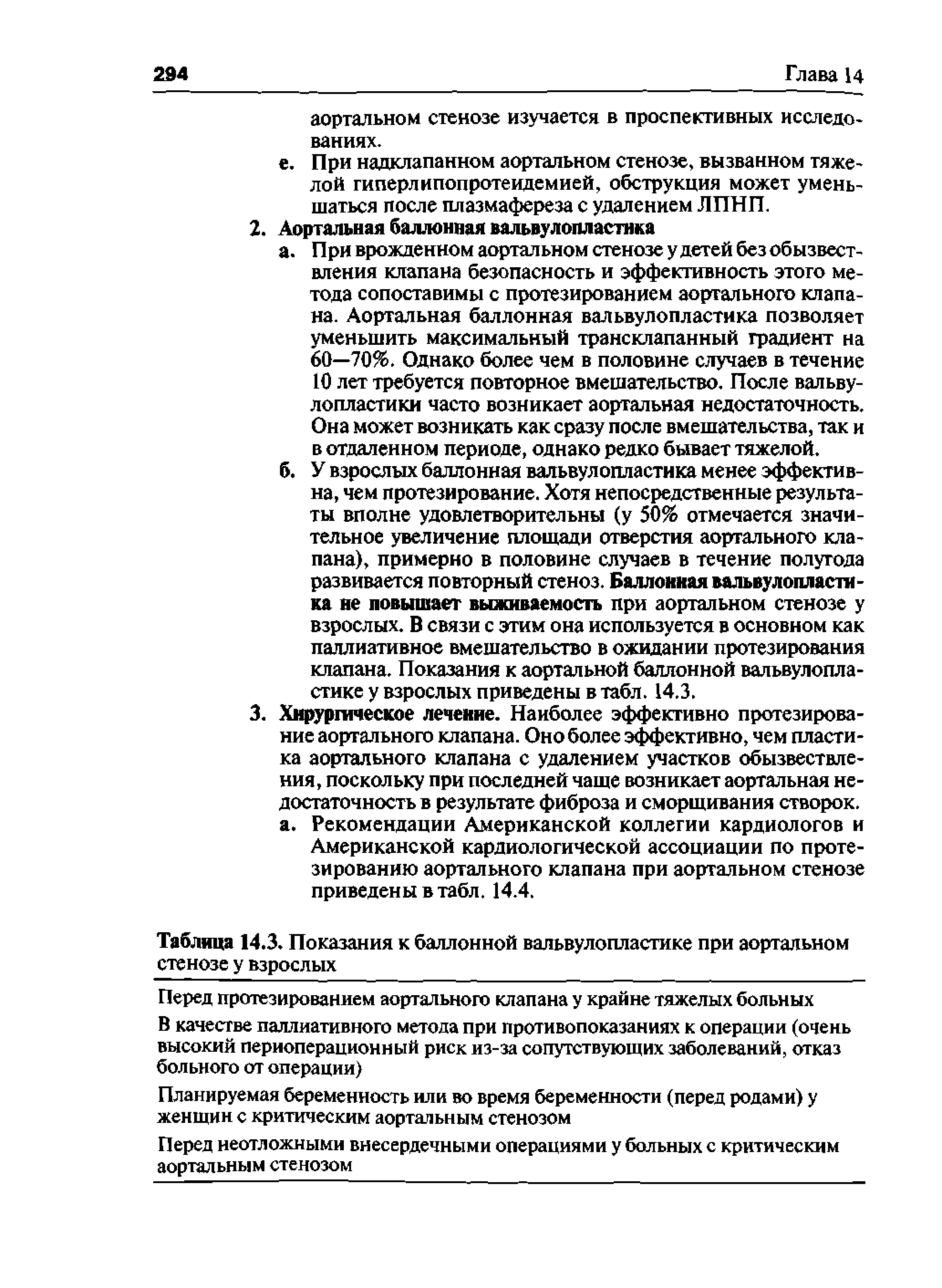 Таблица 14.3. Показания к баллонной вальвулопластике при аортальном стенозе у взрослых...