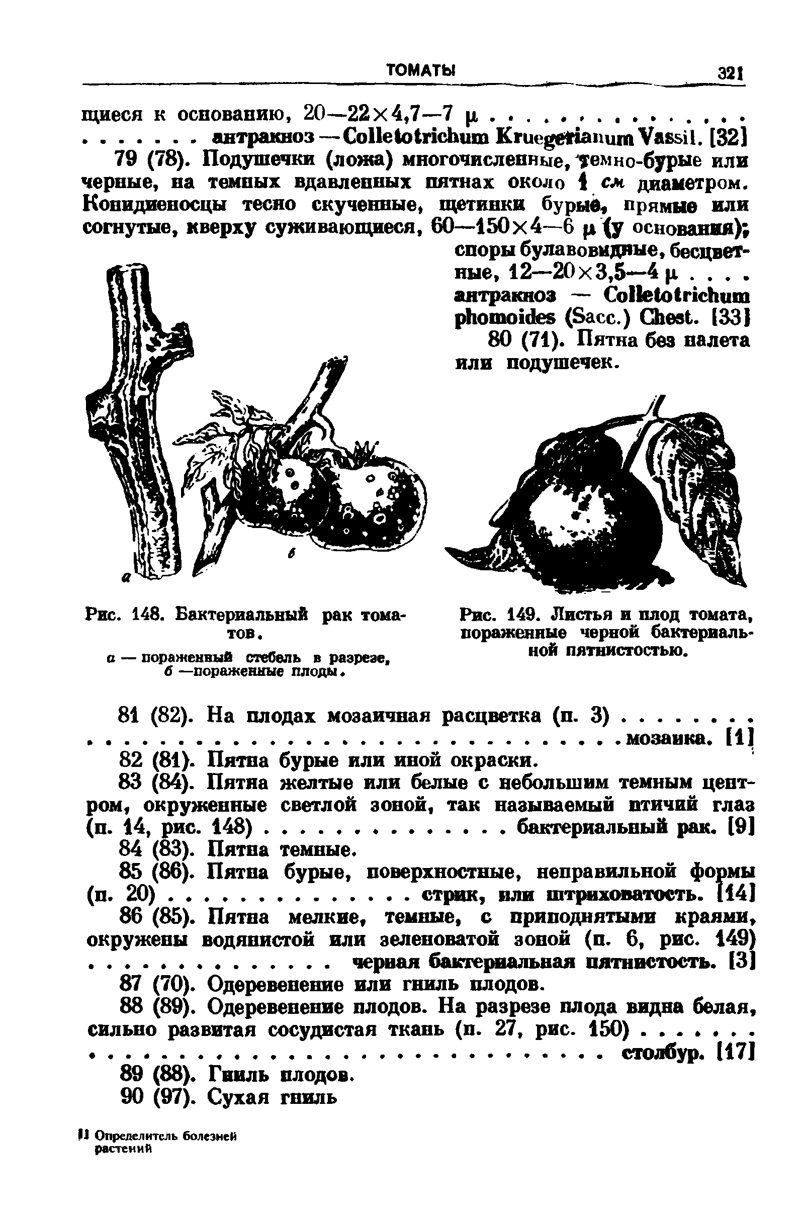 Рис. 149. Листья и плод томата, пораженные черной бактериальной пятнистостью.