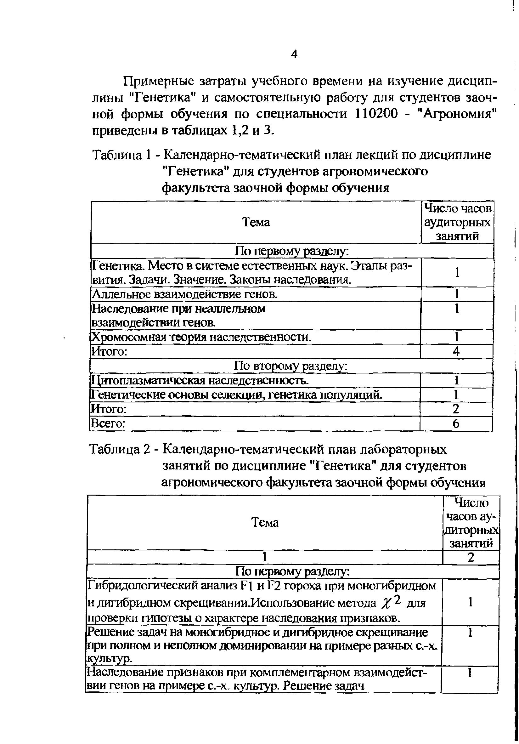 Таблица 2 - Календарно-тематический план лабораторных занятий по дисциплине "Генетика" для студентов агрономического факультета заочной формы обучения...