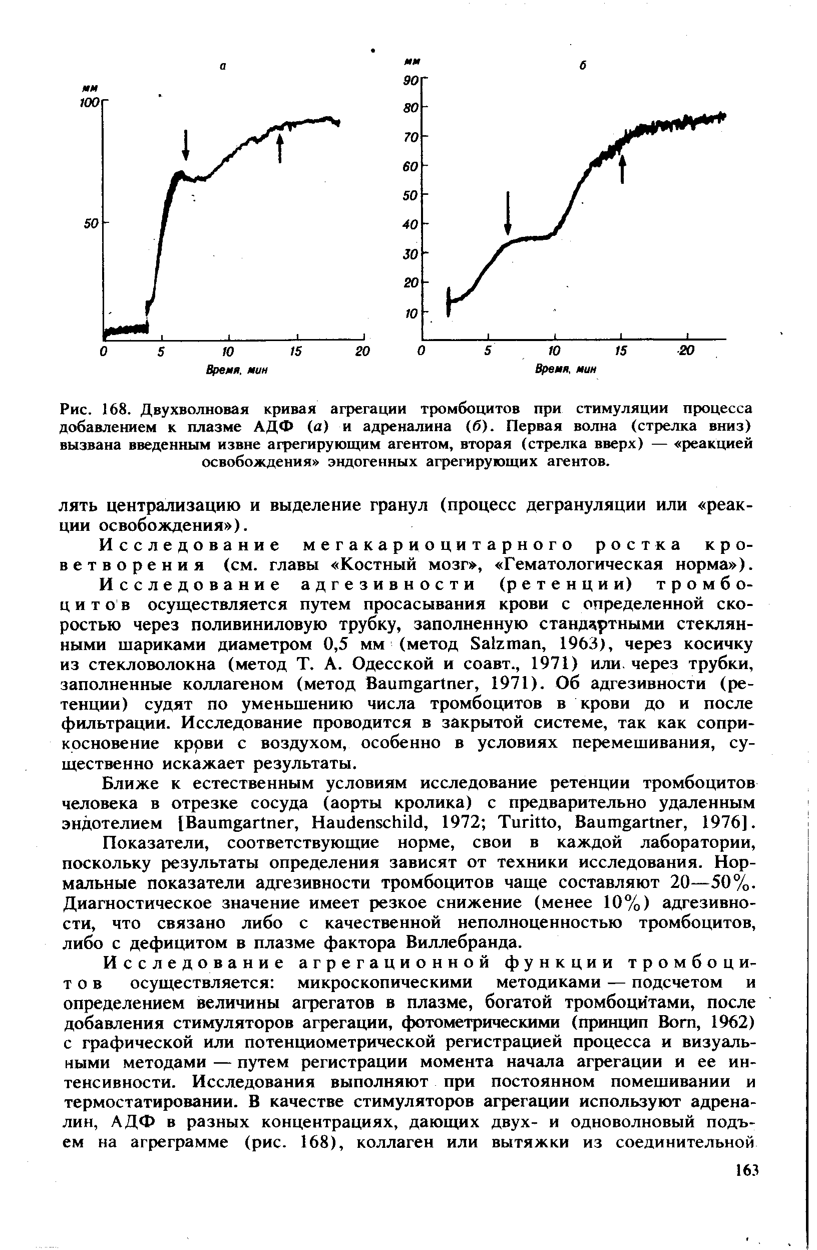 Рис. 168. Двухволновая кривая агрегации тромбоцитов при стимуляции процесса добавлением к плазме АДФ (а) и адреналина (б). Первая волна (стрелка вниз) вызвана введенным извне агрегирующим агентом, вторая (стрелка вверх) — реакцией освобождения эндогенных агрегирующих агентов.