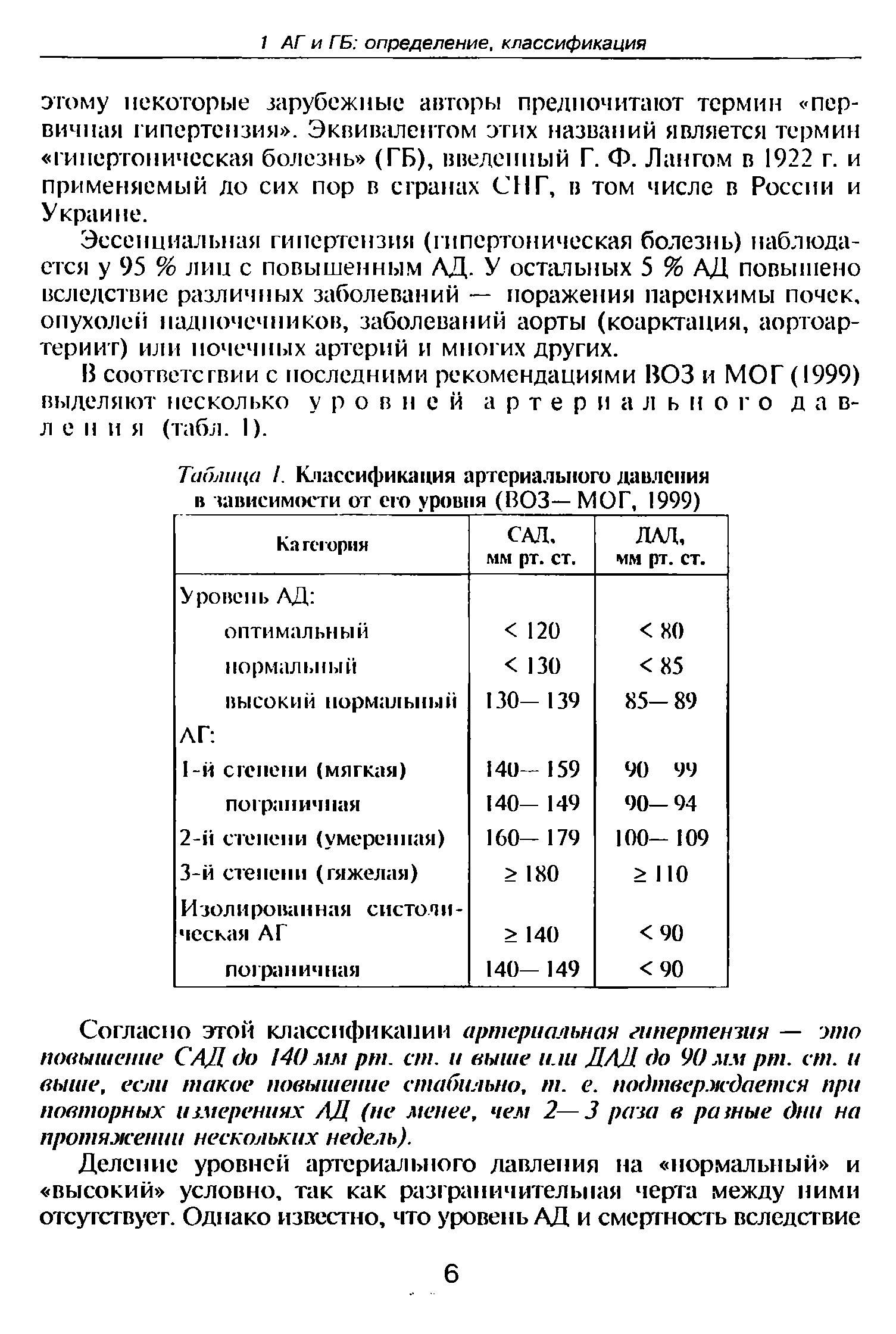 Таблица /. Классификация артериального давления в зависимости от его уровня (ВОЗ— МОГ, 1999)...