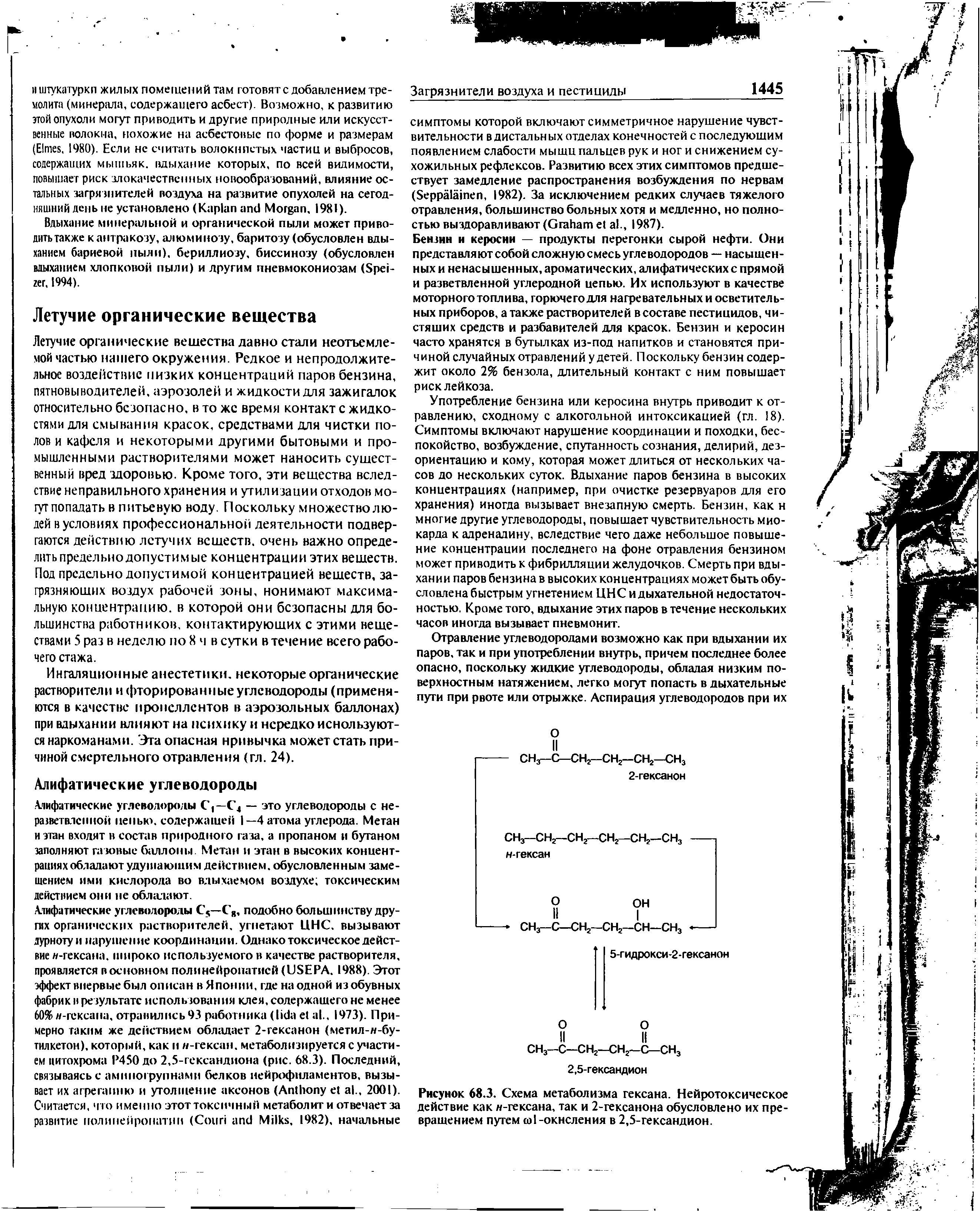 Рисунок 68.3. Схема метаболизма гексана. Нейротоксическое действие как -гексана, так и 2-гексанона обусловлено их превращением путем а)1-окисления в 2,5-гександион.