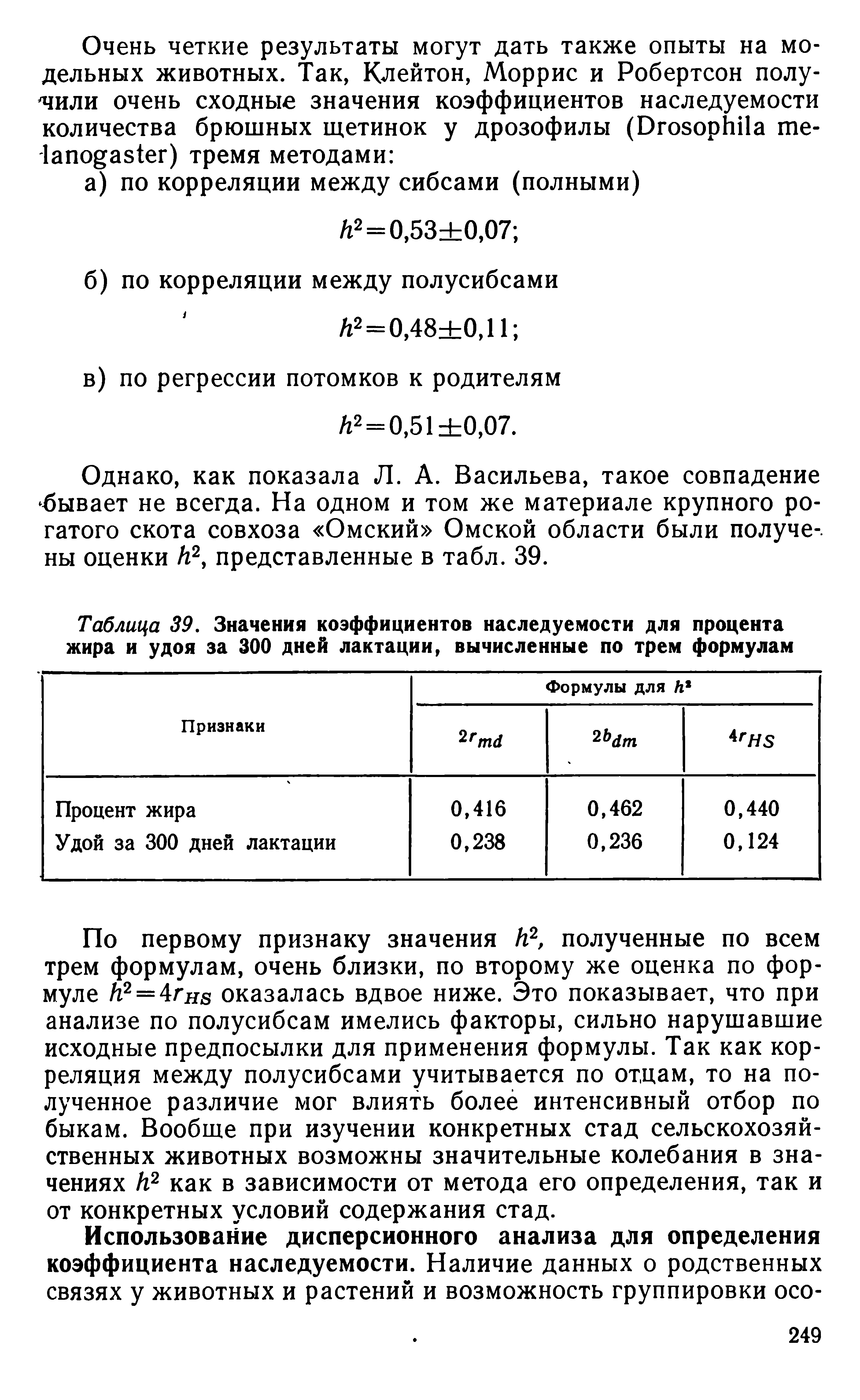 Таблица 39. Значения коэффициентов наследуемости для процента жира и удоя за 300 дней лактации, вычисленные по трем формулам...