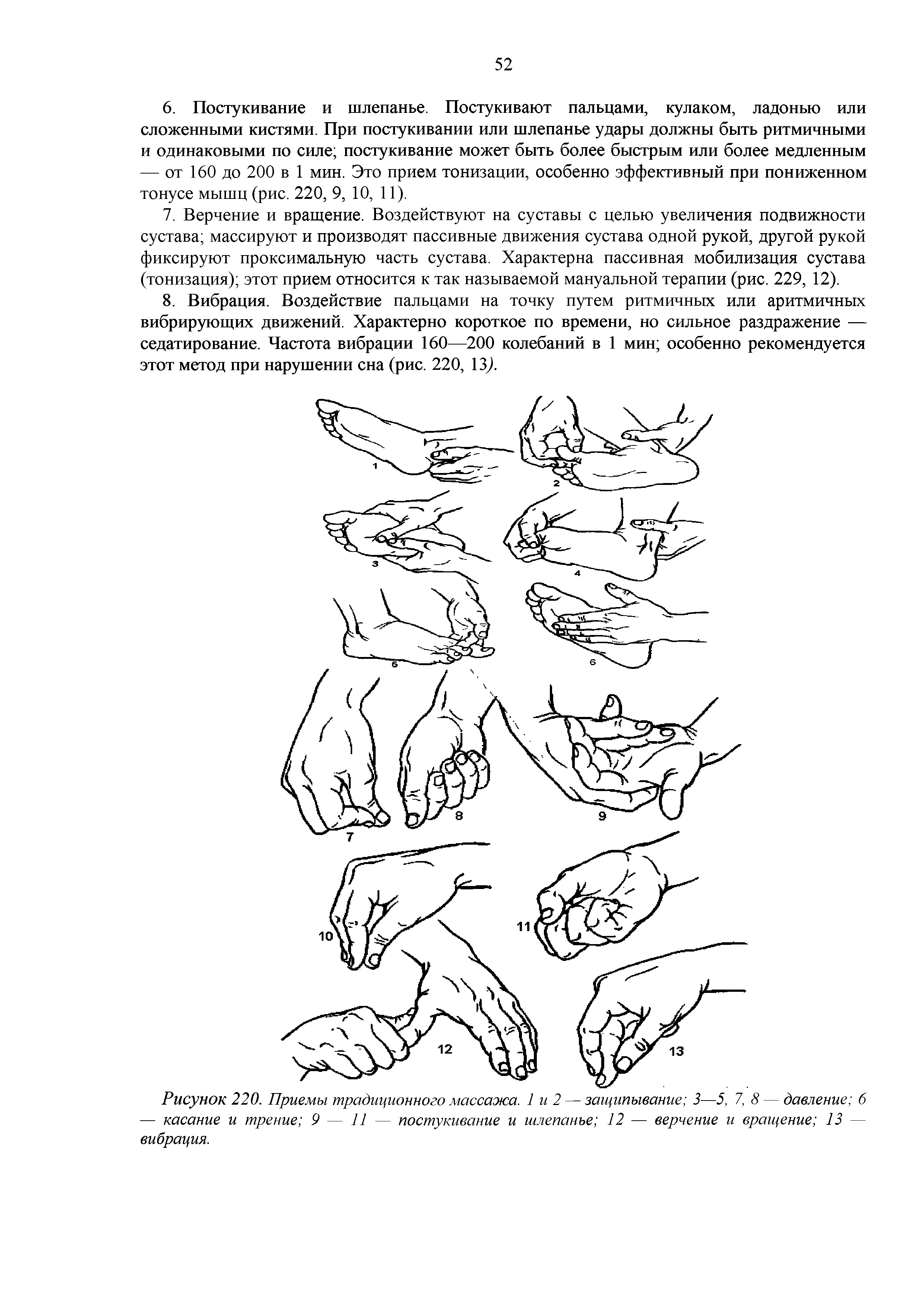 Рисунок 220. Приемы традиционного массажа. 1 и 2 — защипывание 3—5. 7,8 — давление б — касание и трение 9 — 11 — постукивание и шлепанье 12 — верчение и вращение 13 — вибрация.