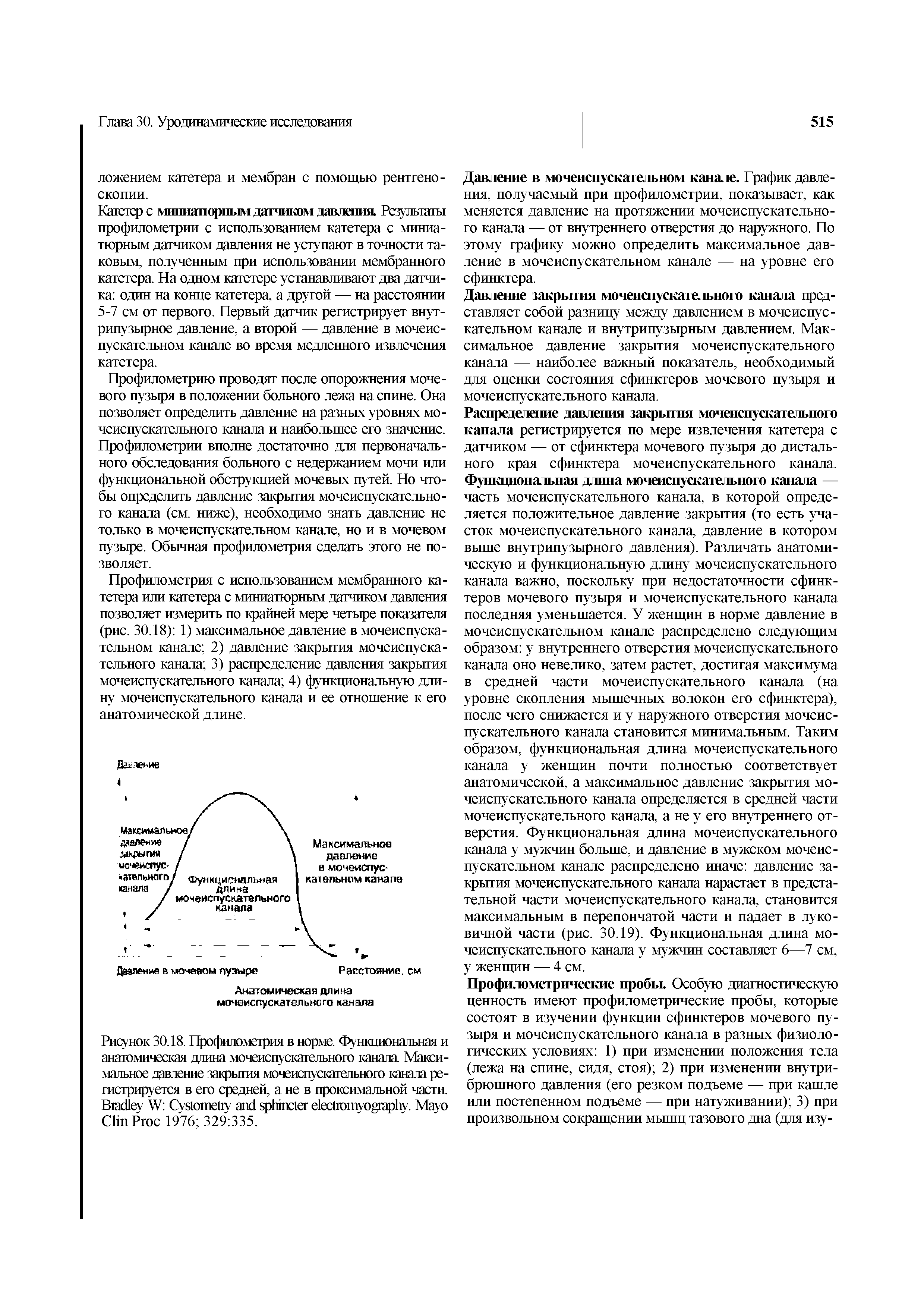 Рисунок 30.18. Профилометрия в норме. Функциональная и анатомическая длина мочеиспускательного канала Максимальное давление закрытия мочсиспускпсльного катила регистрируется в его средней, а не в проксимальной части. B W C . M C P 1976 329 335.