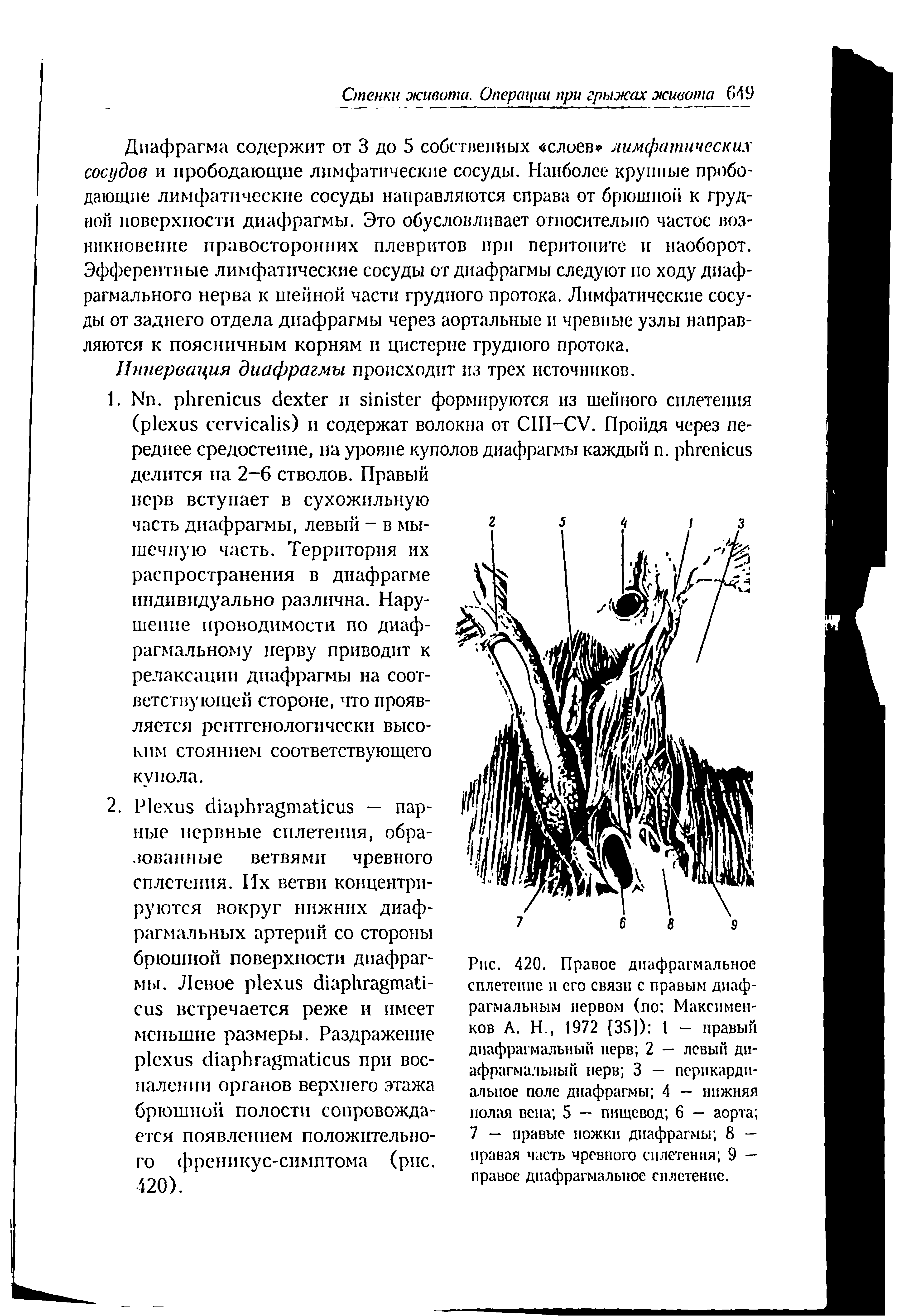 Рис. 420. Правое диафрагмальное сплетение и его связи с правым диафрагмальным нервом (по Максимен-ков А. Н., 1972 [35]) 1 — правый диафрагмальный нерв 2 — левый диафрагмальный нерв 3 — перикардиальное поле диафрагмы 4 — нижняя полая вена 5 — пищевод 6 — аорта 7 — правые ножки диафрагмы 8 — правая часть чревного сплетения 9 — правое диафрагмальное сплетение.