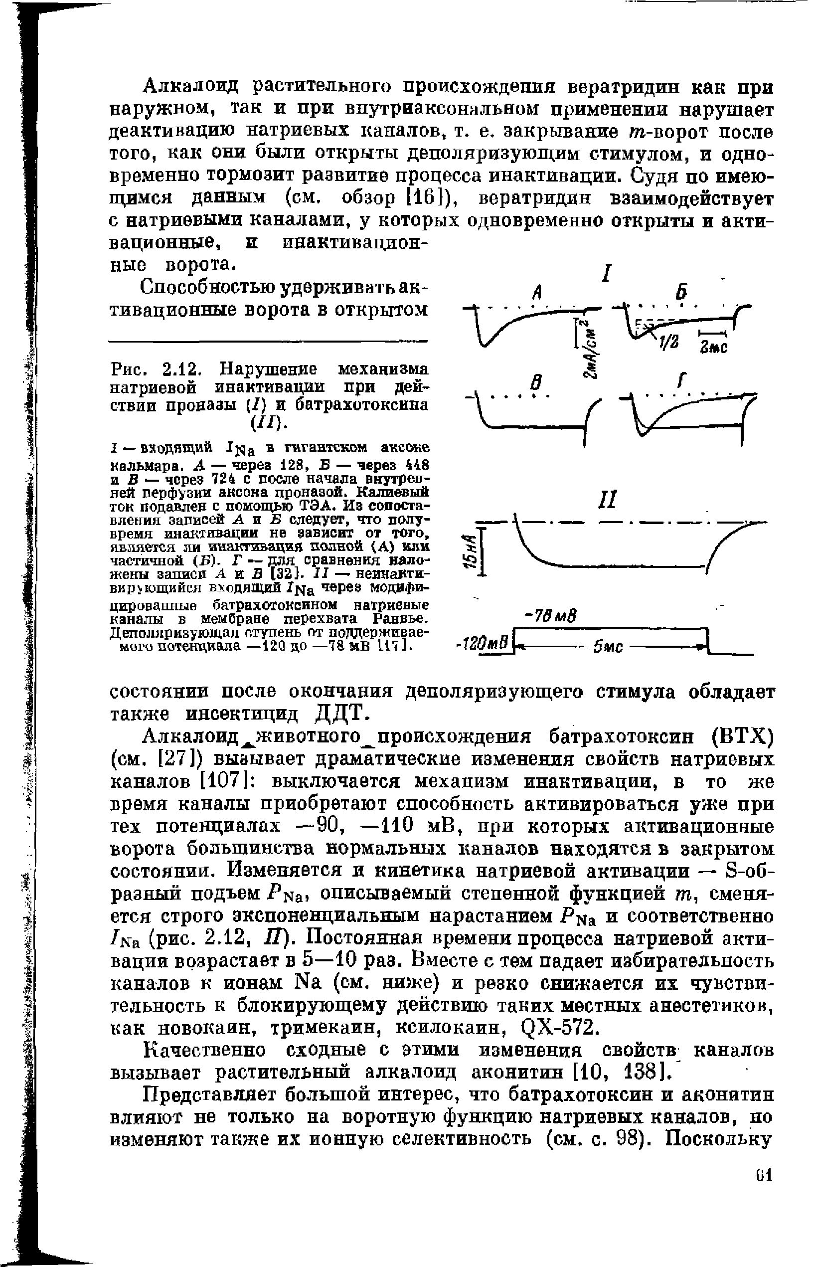 Рис. 2.12. Нарушение механизма натриевой инактивации при действии проназы (/) и батрахотоксина (//).