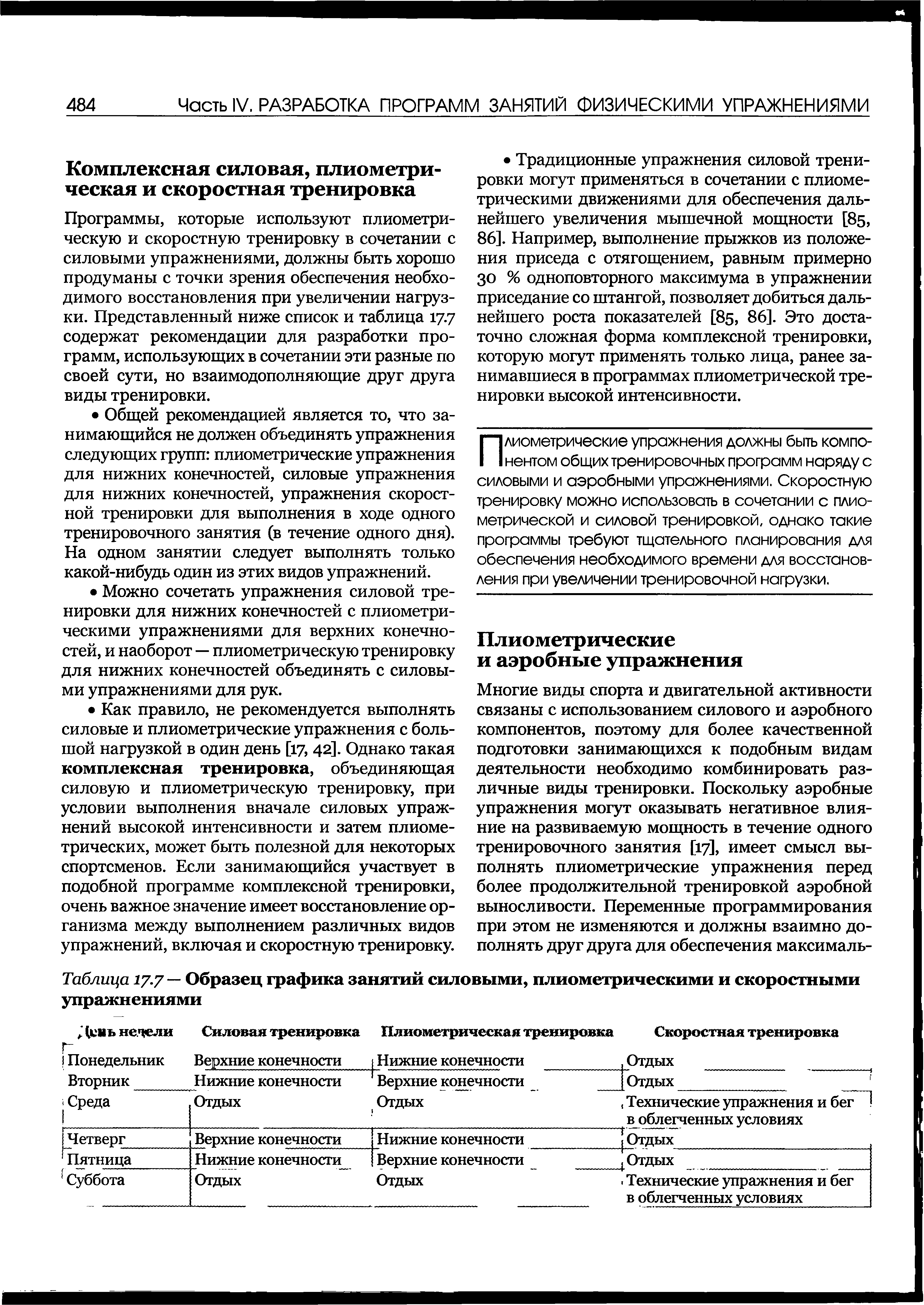 Таблица 17.7 — Образец графика занятий силовыми, плиометрическими и скоростными упражнениями...