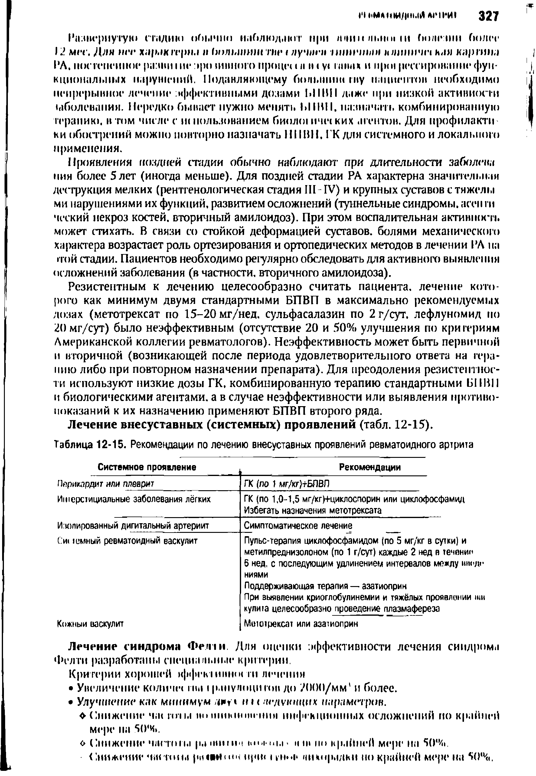Таблица 12-15. Рекомендации по лечению внесуставных проявлений ревматоидного артрита...