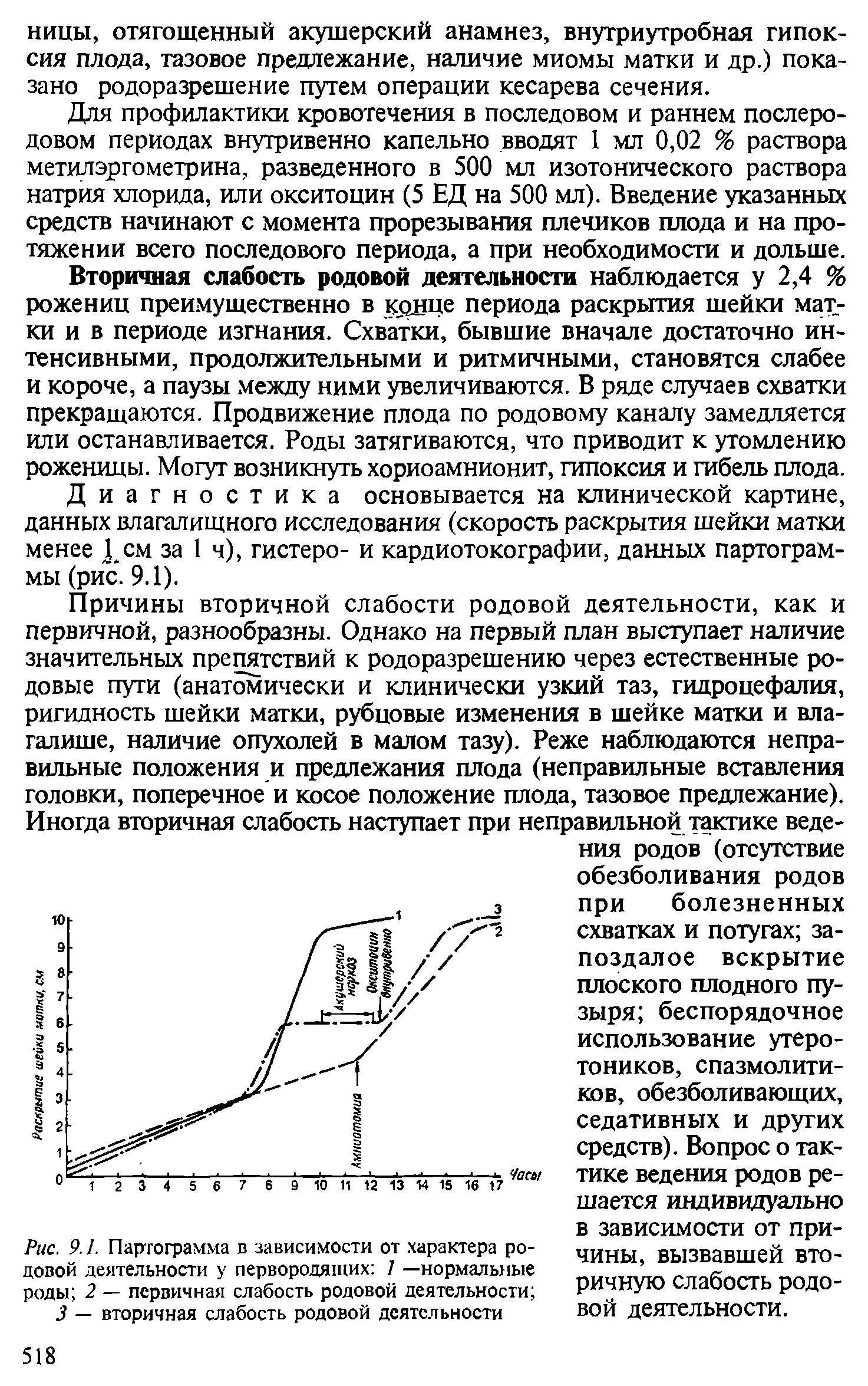 Рис. 9.1. Партограмма в зависимости от характера родовой деятельности у первородящих / —нормальные роды 2 — первичная слабость родовой деятельности ...