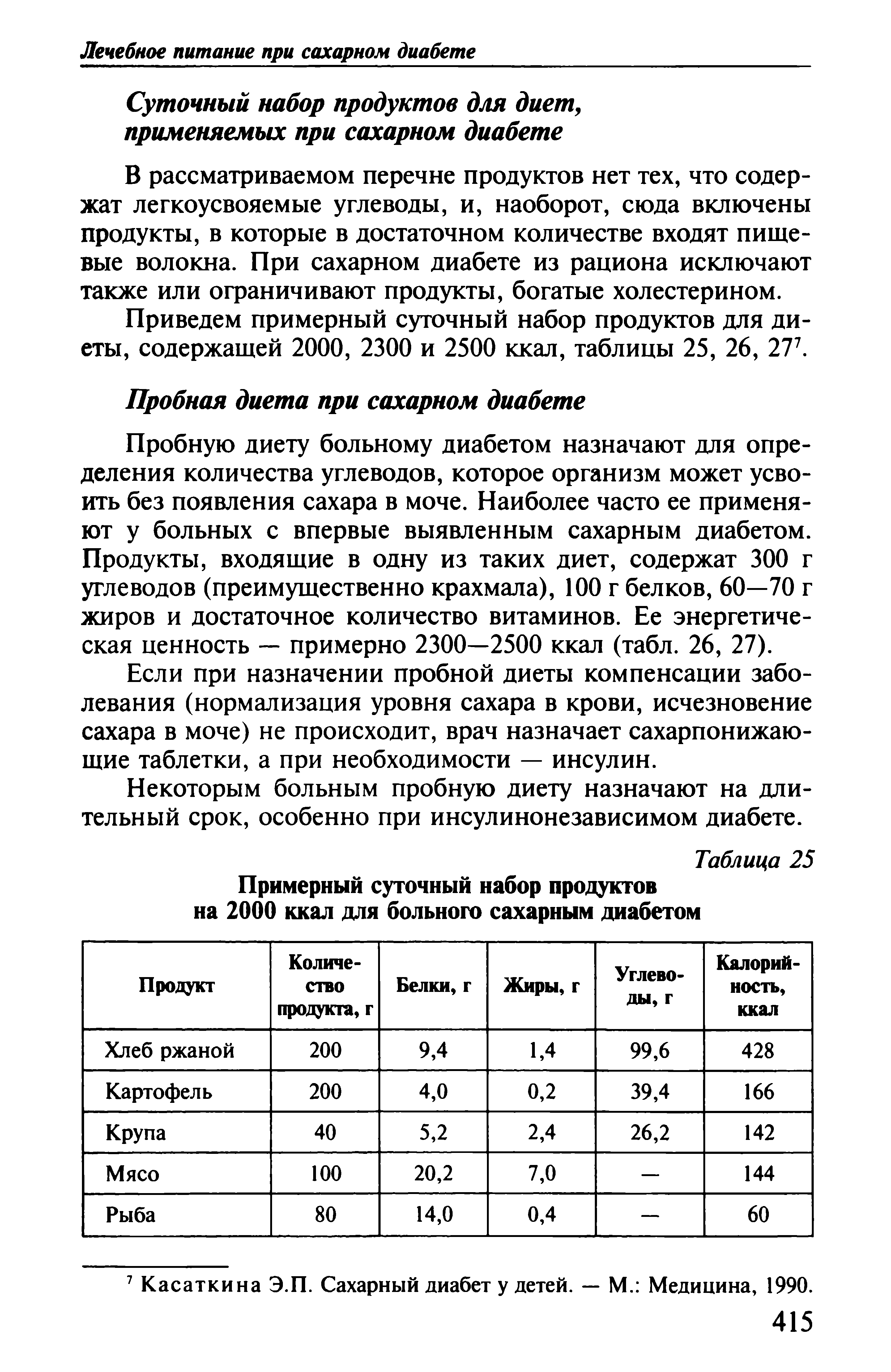 Таблица 25 Примерный суточный набор продуктов на 2000 ккал для больного сахарным диабетом...