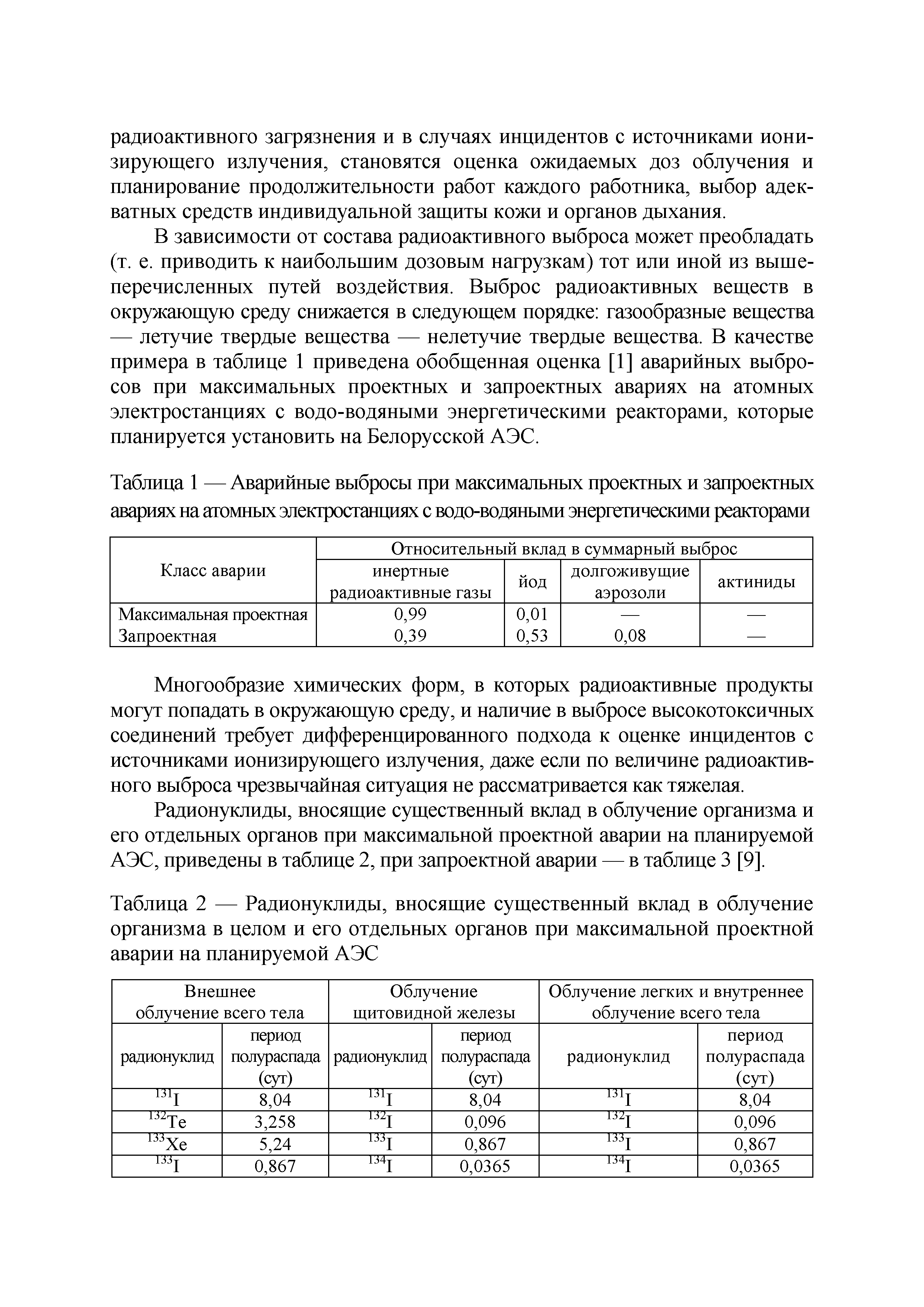Таблица 1 — Аварийные выбросы при максимальных проектных и запроектных авариях на атомных электростанциях с водо-водяными энергетическими реакторами...
