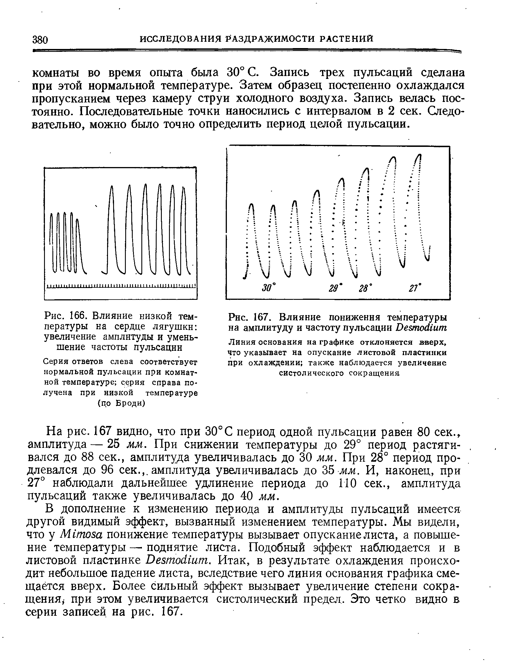 Рис. 167. Влияние понижения температуры на амплитуду и частоту пульсации Певтойшт Линия основания на графике отклоняется вверх, что указывает на опускание листовой пластинки при охлаждении также наблюдается увеличение систолического сокращения...