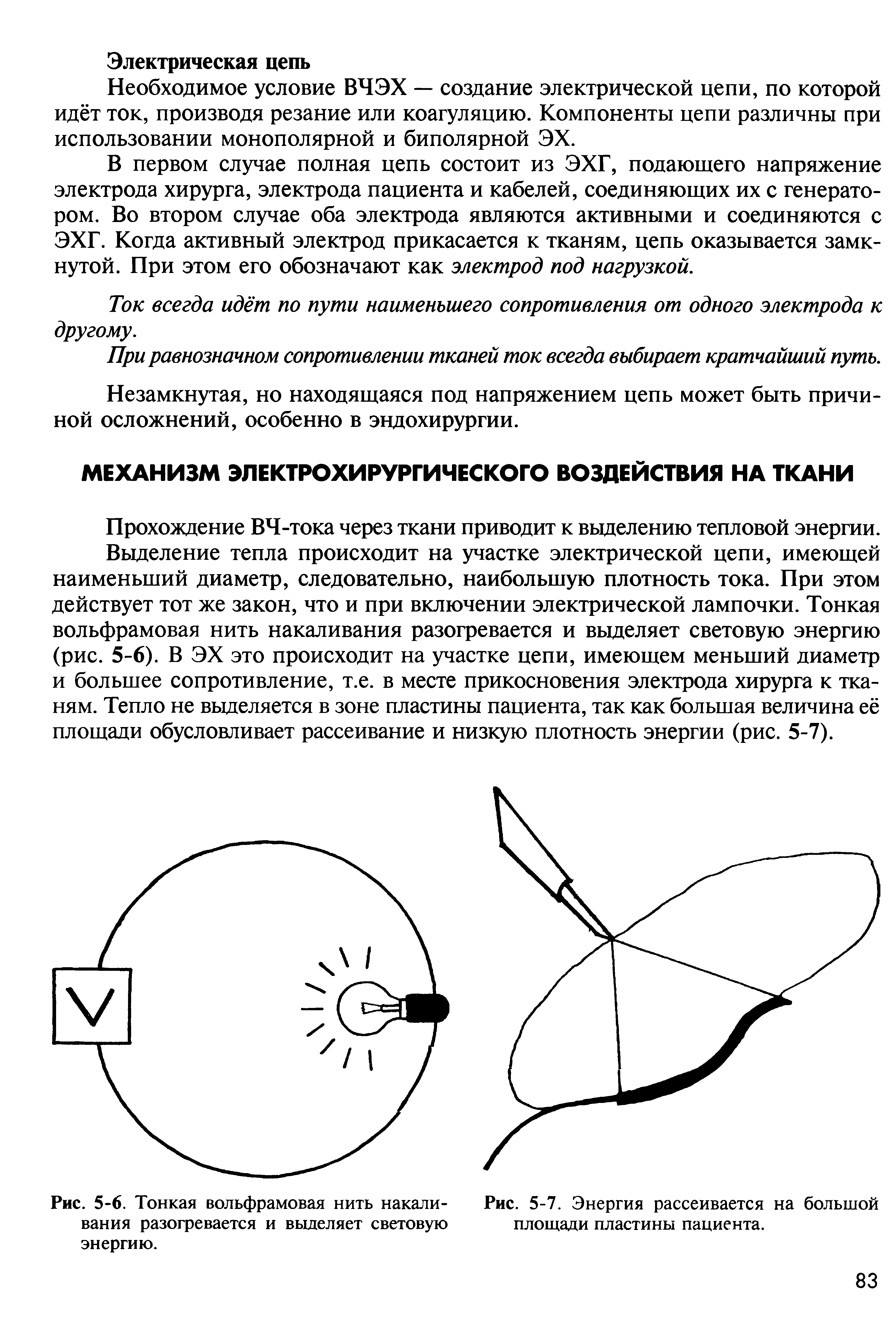 Рис. 5-6. Тонкая вольфрамовая нить накали- Рис. 5-7. Энергия рассеивается на большой вания разогревается и выделяет световую площади пластины пациента,...