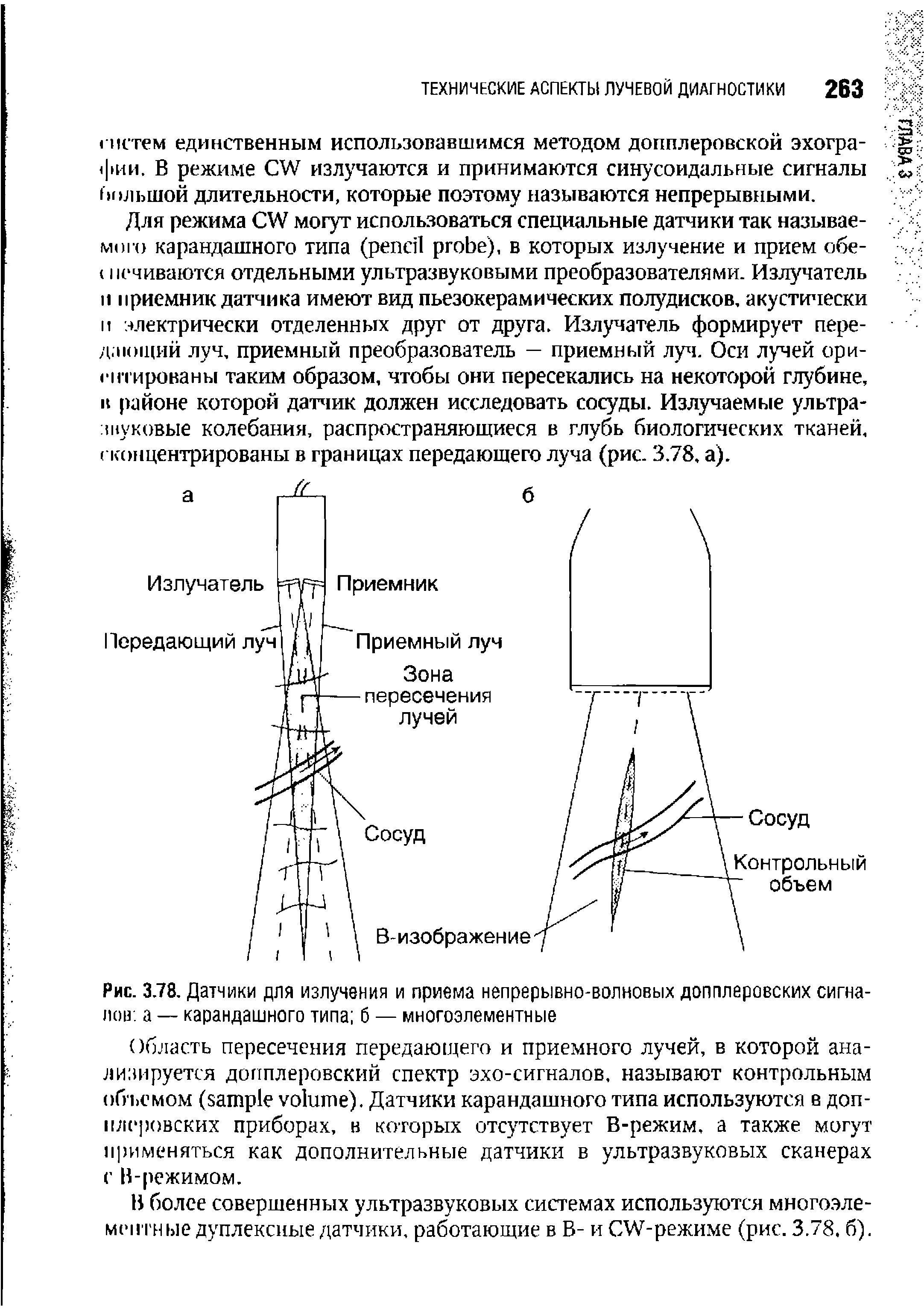 Рис. 3.78. Датчики для излучения и приема непрерывно-волновых допплеровских сигналов. а — карандашного типа б — многоэлементные...