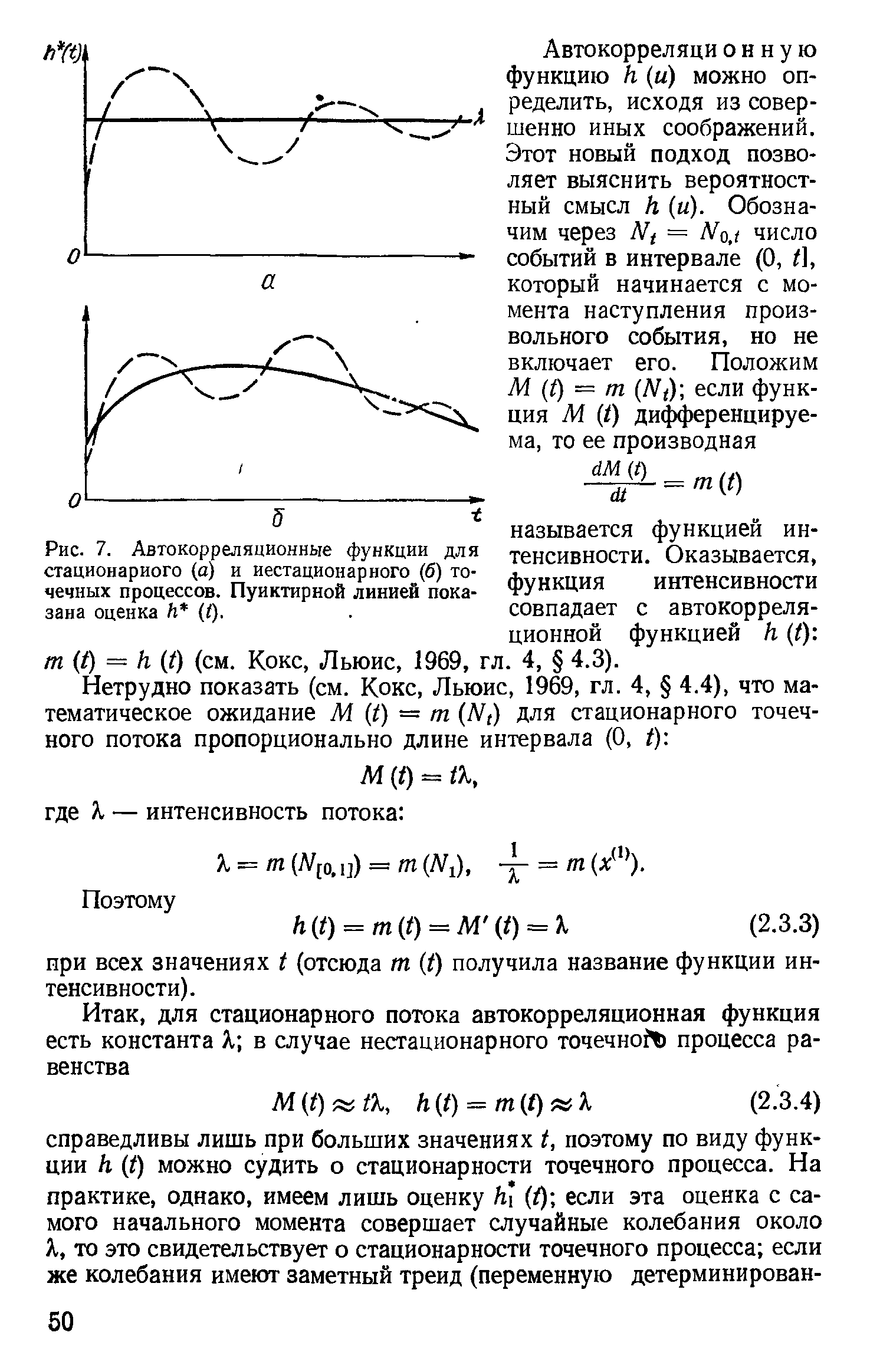 Рис. 7. Автокорреляционные функции для стационарного (а) и нестационарного (б) точечных процессов. Пунктирной линией показана оценка И (I).