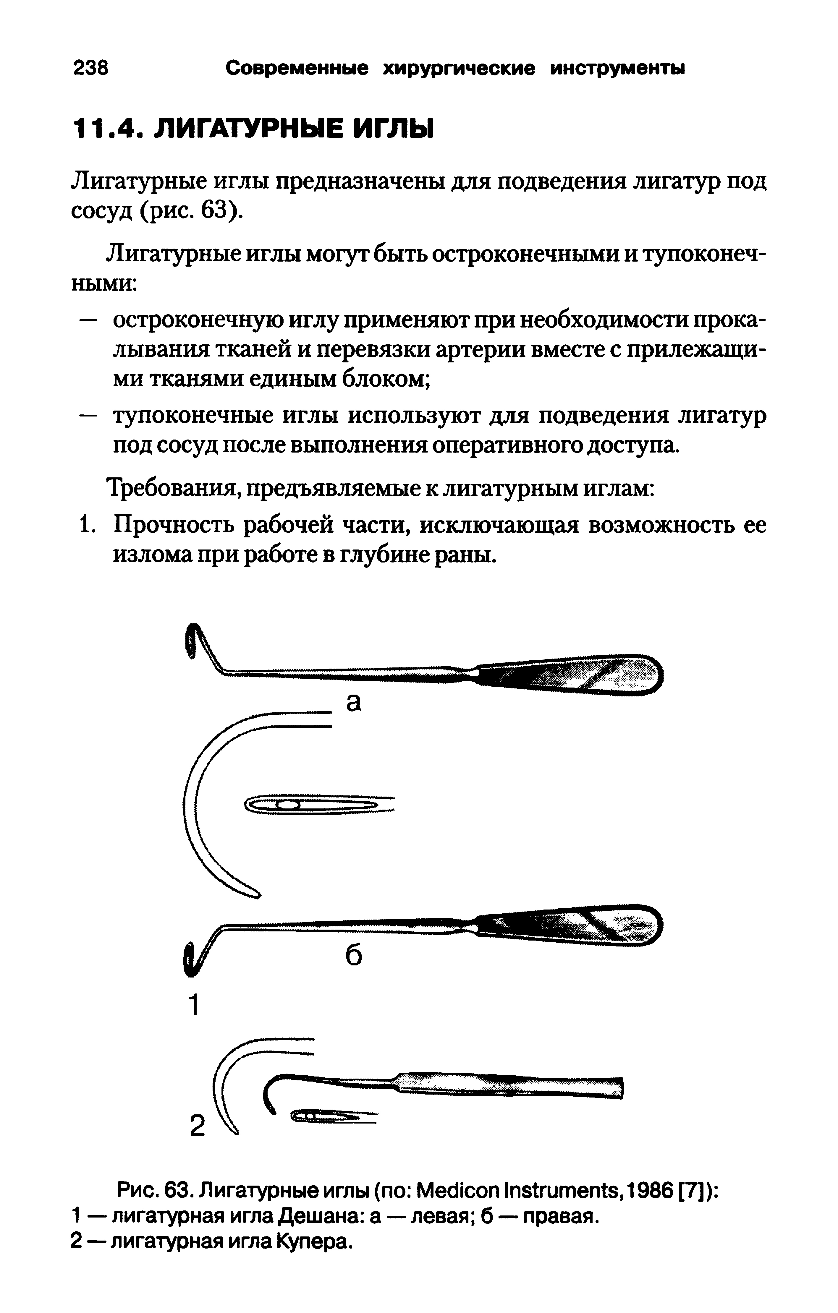 Рис. 63. Лигатурные иглы (по M I , 1986 [7]) 1 — лигатурная игла Дешана а — левая б — правая.