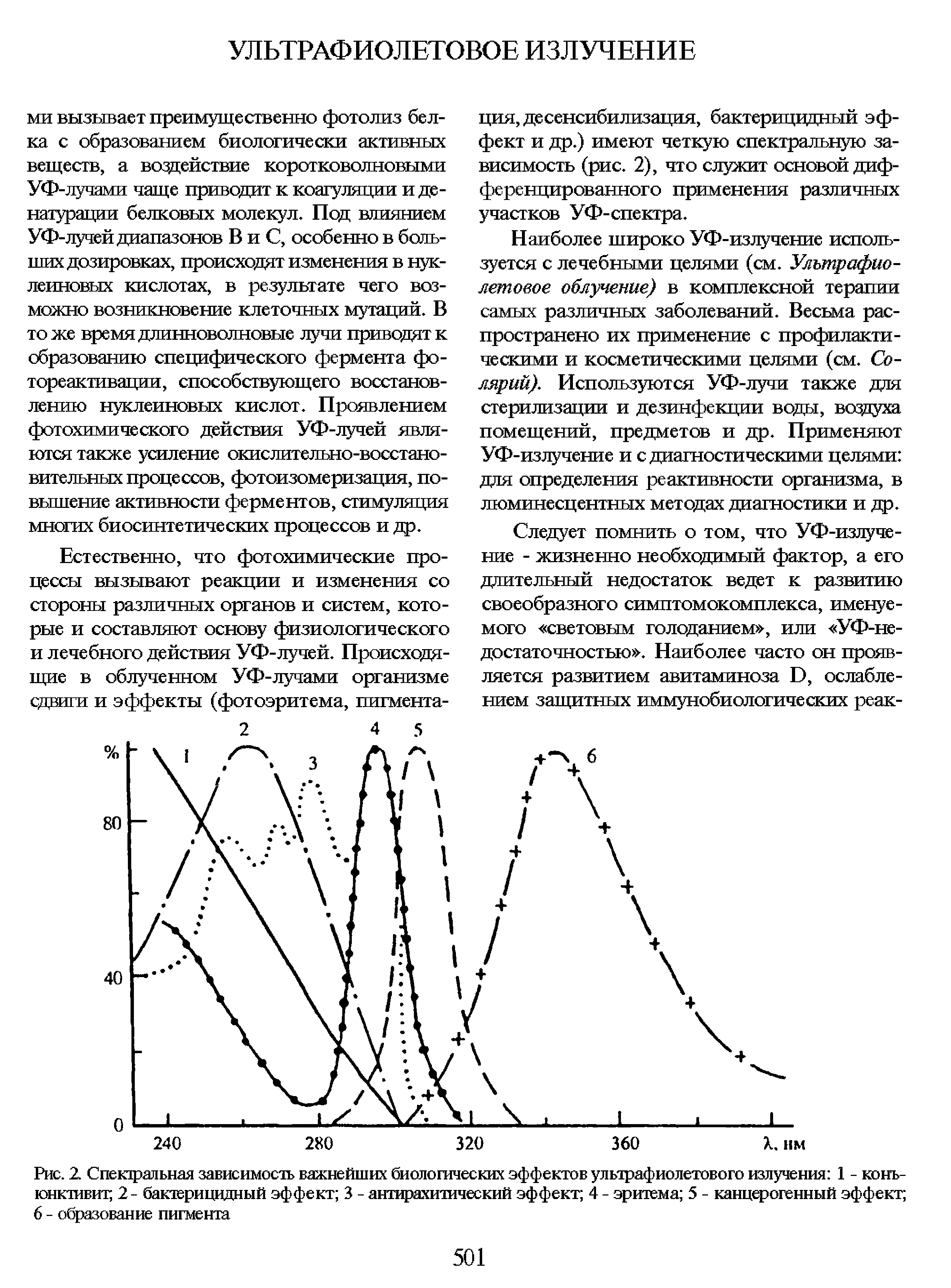 Рис. 2. Спектральная зависимость важнейших биологических эффектов ультрафиолетового излучения 1 - конъюнктивит 2- бактерицидный эффект 3 - антирахитический эффект 4 - эритема 5 - канцерогенный эффект 6 - образование пигмента...