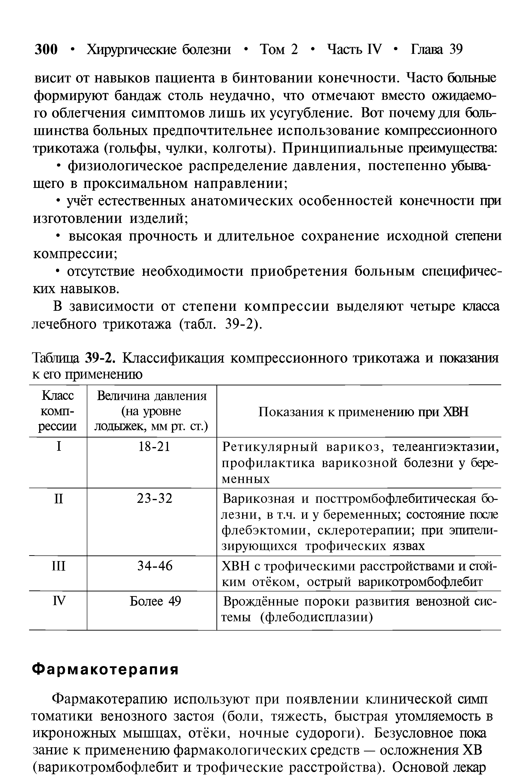 Таблица 39-2. Классификация компрессионного трикотажа и показания к его применению...