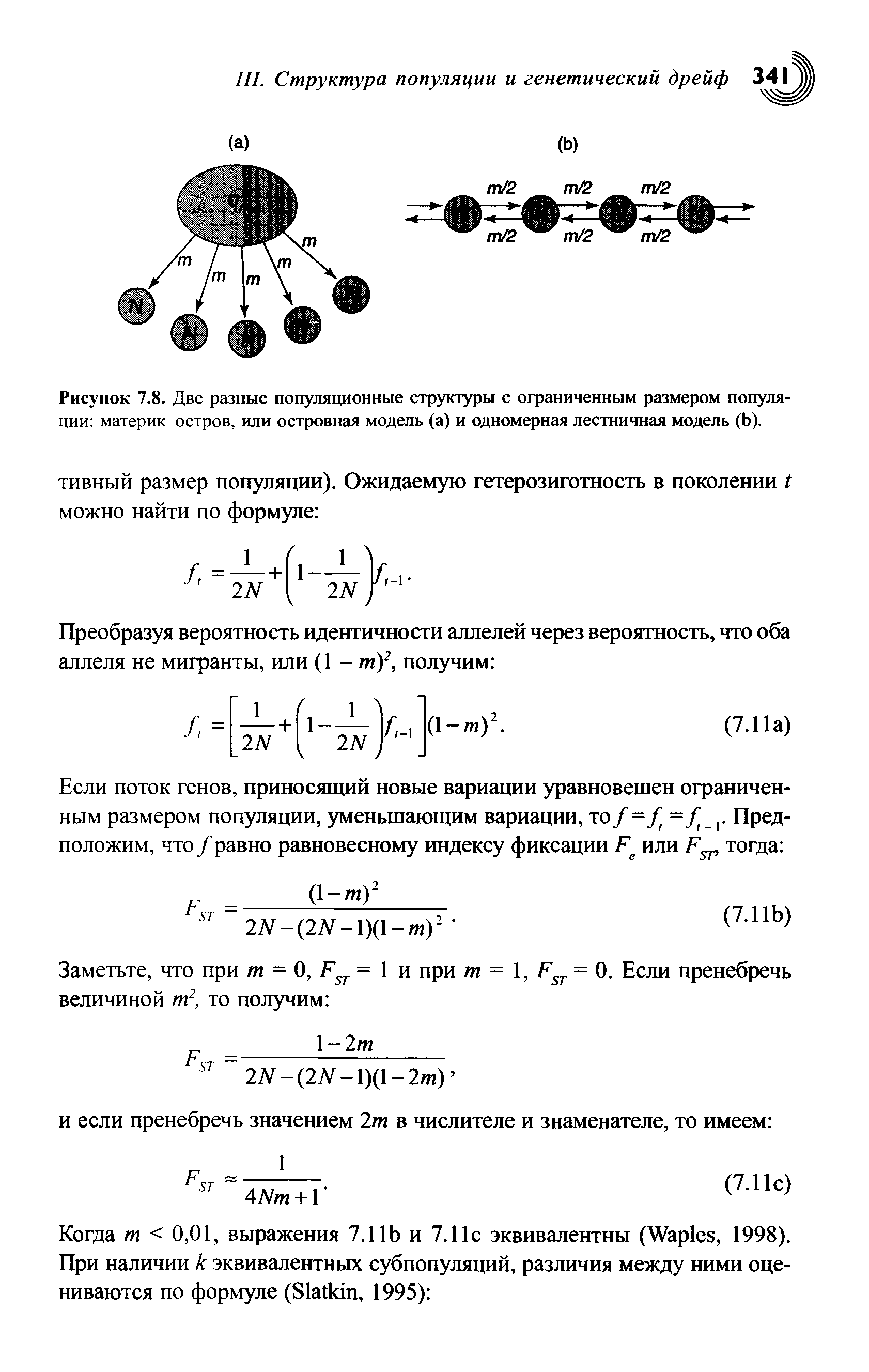 Рисунок 7.8. Две разные популяционные структуры с ограниченным размером популяции материк-остров, или островная модель (а) и одномерная лестничная модель (Ь).