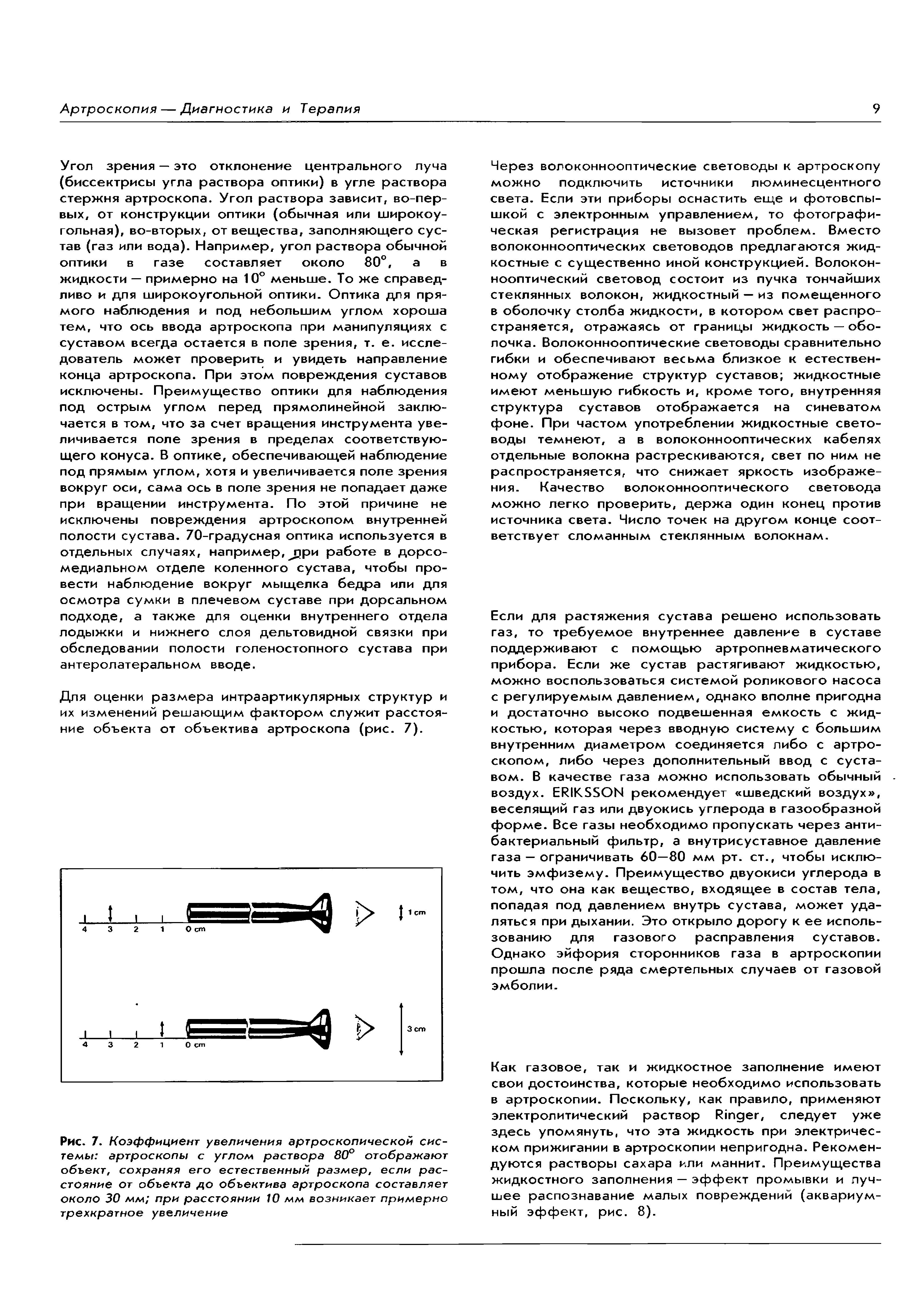 Рис. 7. Коэффициент увеличения артроскопической системы артросколы с углом раствора 80° отображают объект, сохраняя его естественный размер, если расстояние от объекта до объектива артроскопа составляет около 30 мм при расстоянии 10 мм возникает примерно трехкратное увеличение...