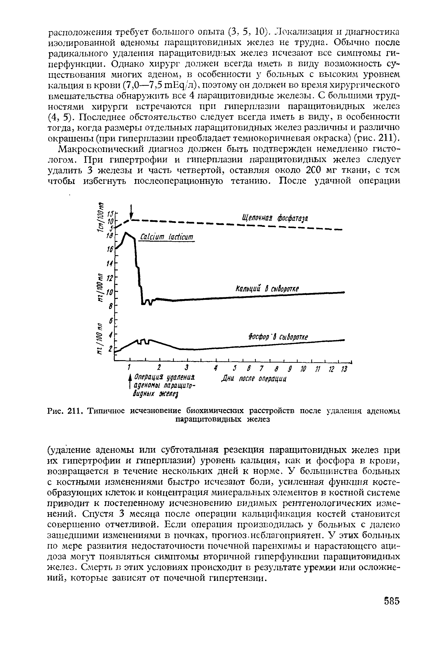 Рис. 211, Типичное исчезновение биохимических расстройств после удаления аденомы паращитовидных желез...