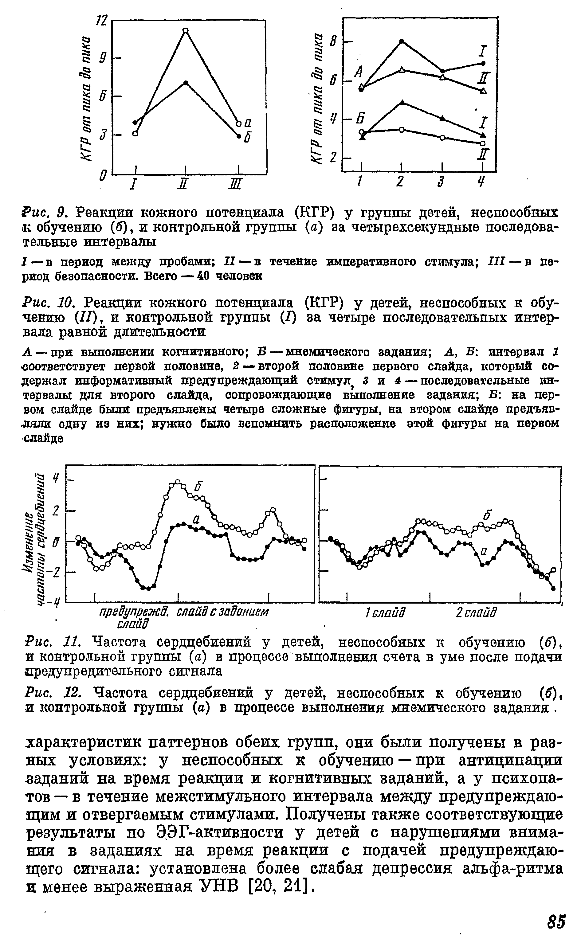 Рис. 9. Реакции кожного потенциала (КГР) у группы детей, неспособных к обучению (б), и контрольной группы (а) за четырехсекундные последовательные интервалы...