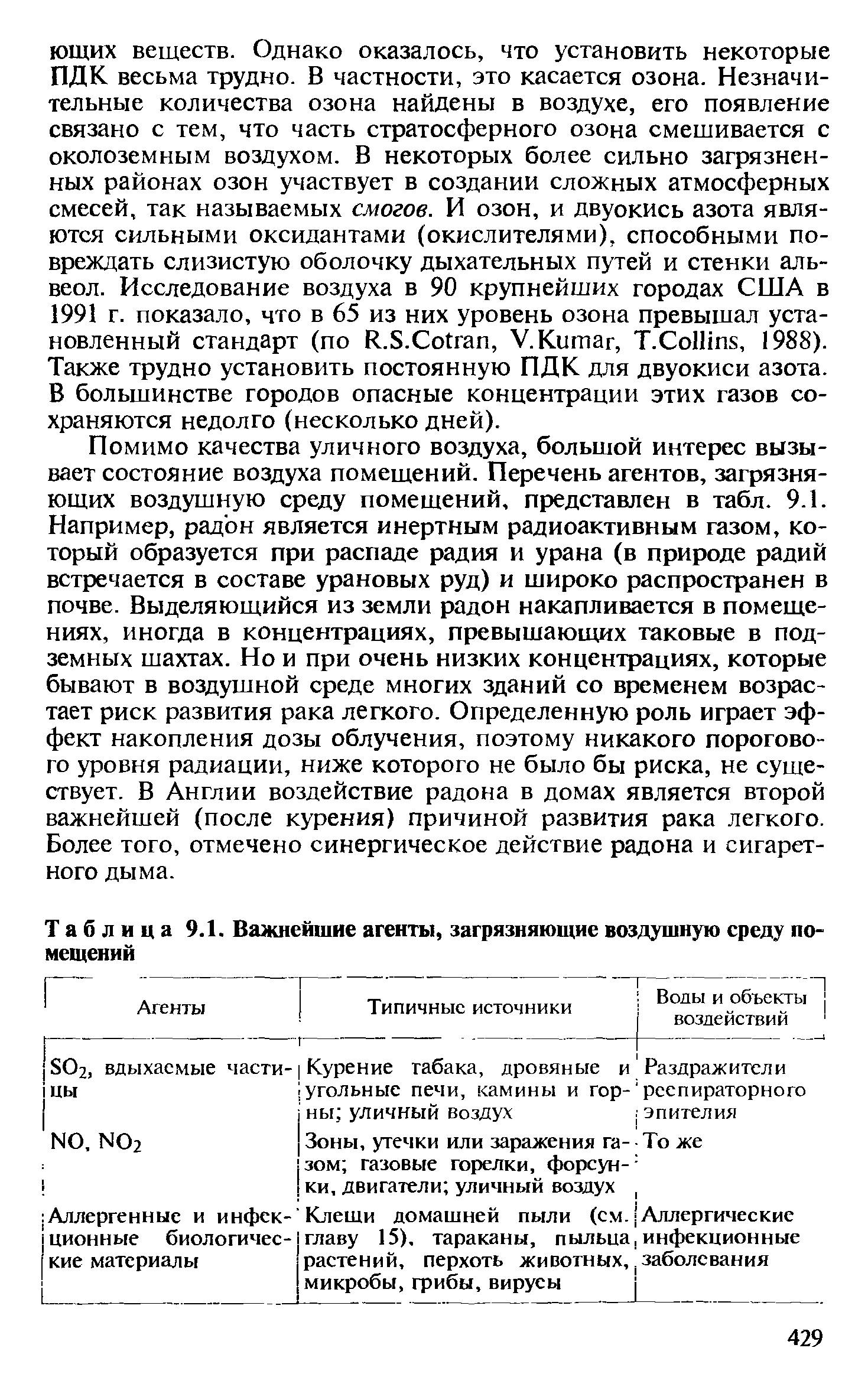 Таблица 9.1. Важнейшие агенты, загрязняющие воздушную среду помещений...