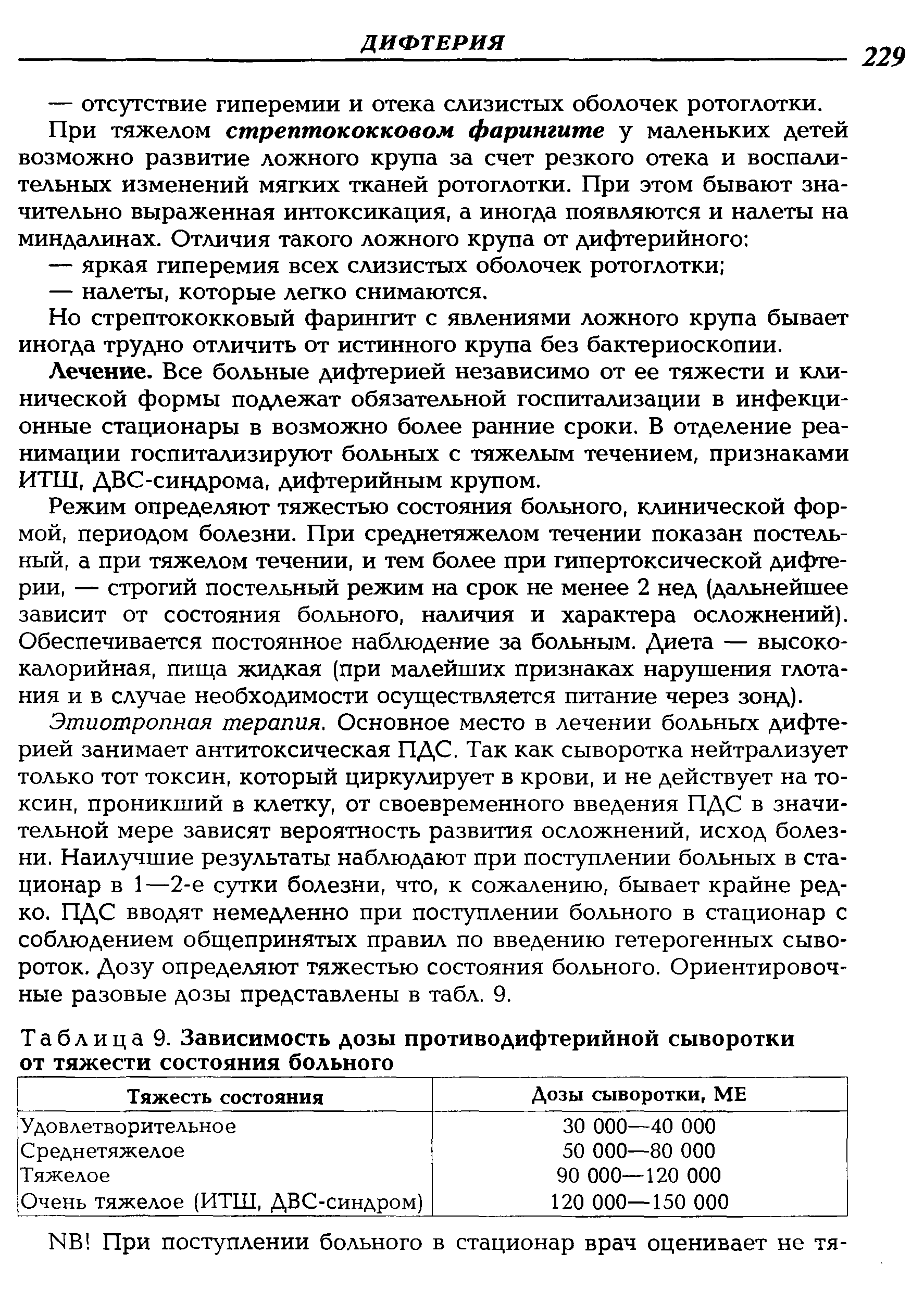 Таблица 9. Зависимость дозы противодифтерийной сыворотки от тяжести состояния больного...