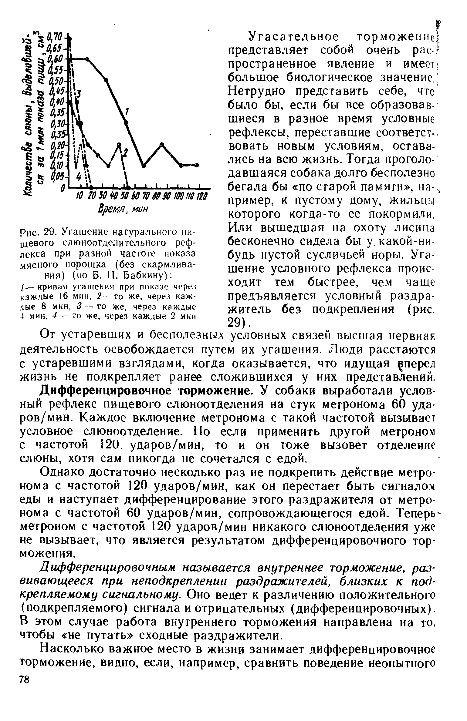 Рис. 29. Угашение натурального пищевого слюноотделительного рефлекса при разной частоте показа мясного порошка (без скармлива-нйя) (но Б. П. Бабкину) ...