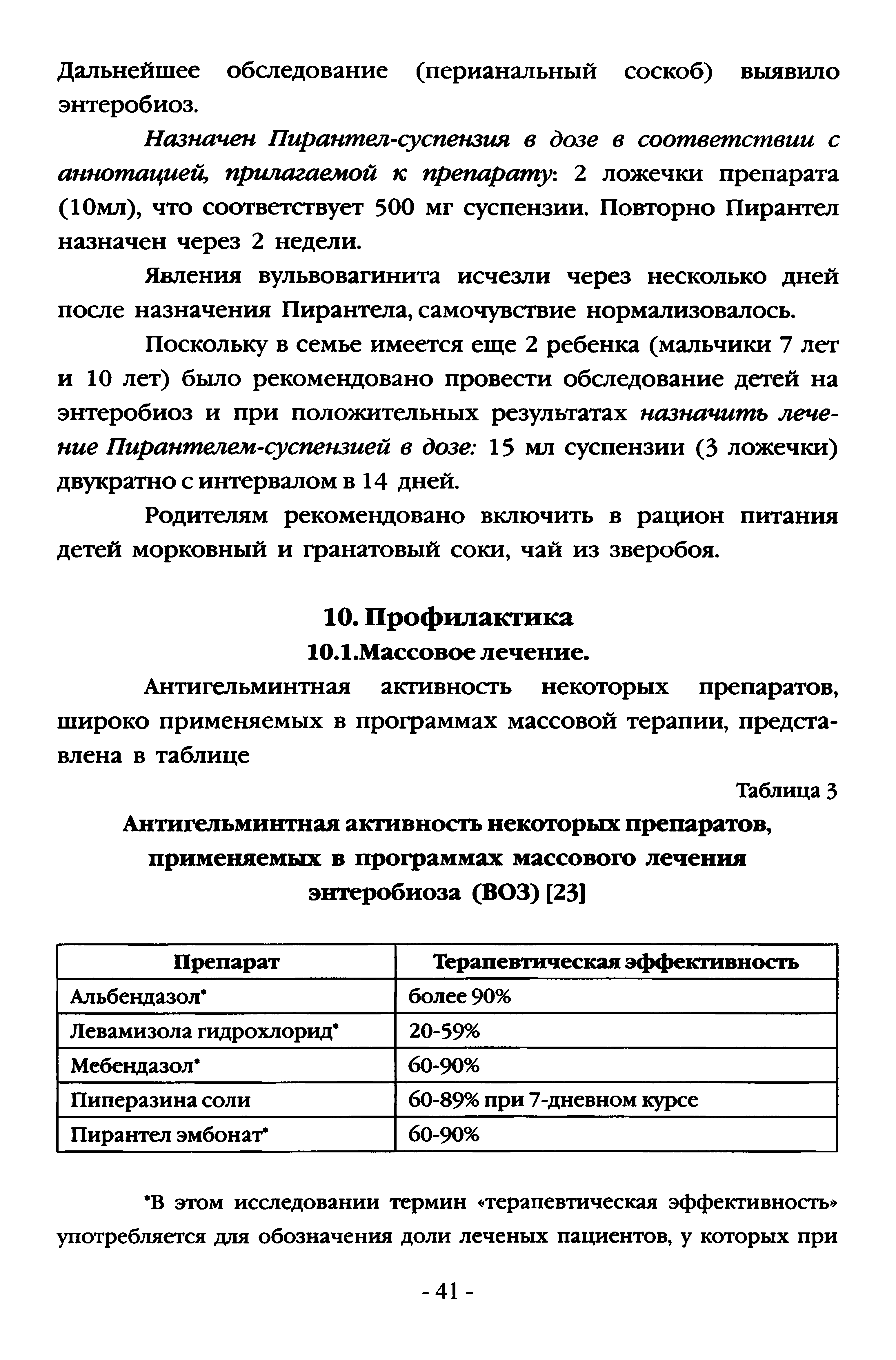 Таблица 3 Антигельминтная активность некоторых препаратов, применяемых в программах массового лечения энтеробиоза (ВОЗ) [23]...