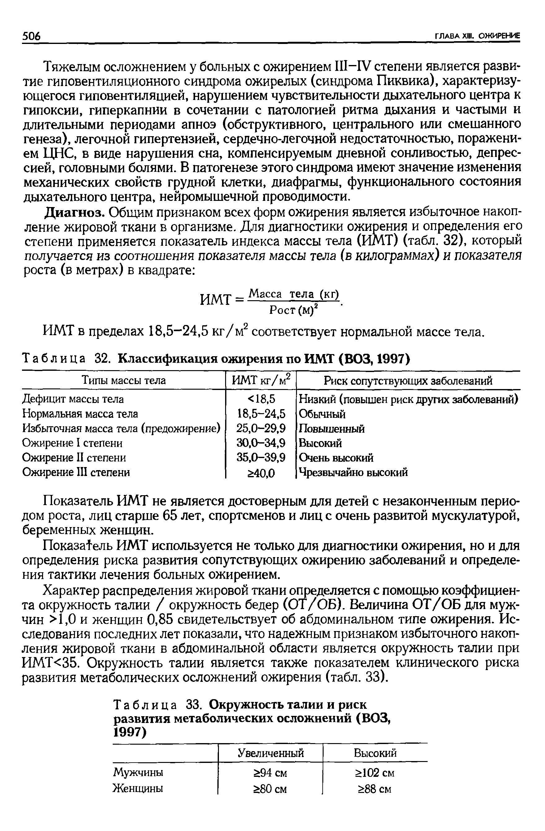 Таблица 33. Окружность талии и риск развития метаболических осложнений (ВОЗ, 1997)...