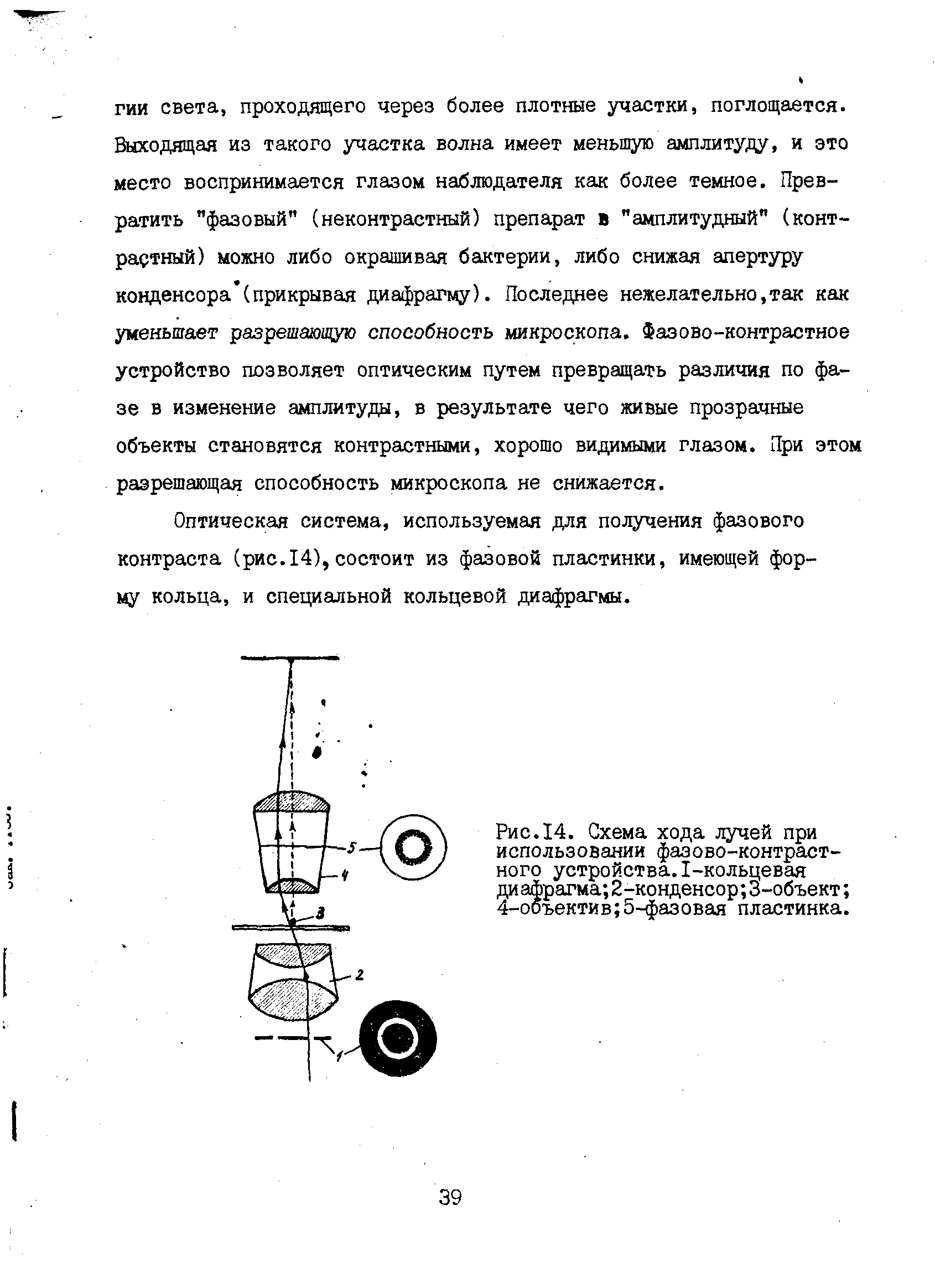 Рис.14. Схема хода лучей при использовании фазово-контрастного устройства.1-кольцевая диафрагма 2-конденсор 3-объект 4-ооъектив 5-фазовая пластинка.