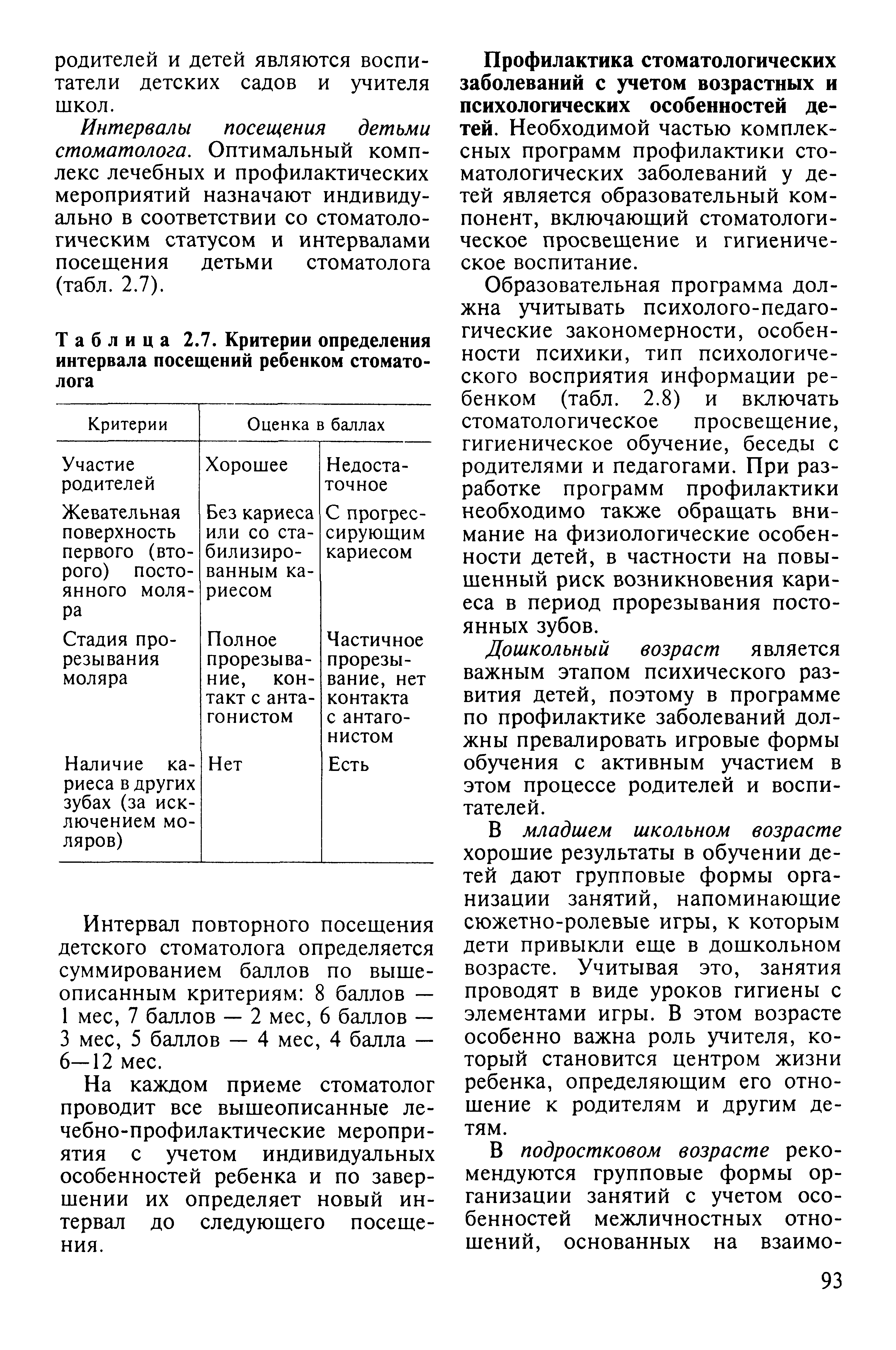 Таблица 2.7. Критерии определения интервала посещений ребенком стоматолога...