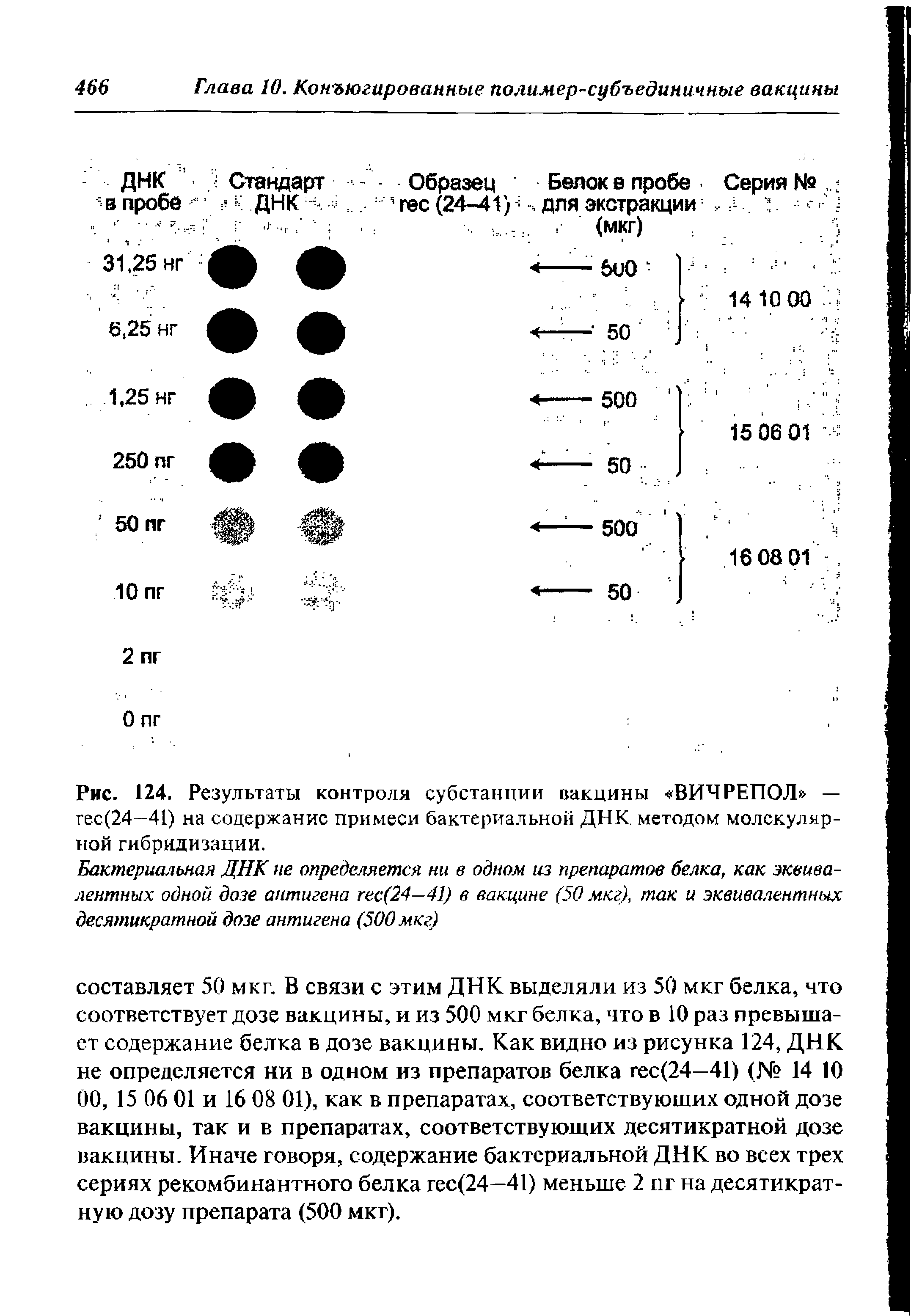 Рис. 124. Результаты контроля субстанции вакцины ВИЧРЕПОЛ — гес(24-41) на содержание примеси бактериальной ДНК методом молекулярной гибридизации.