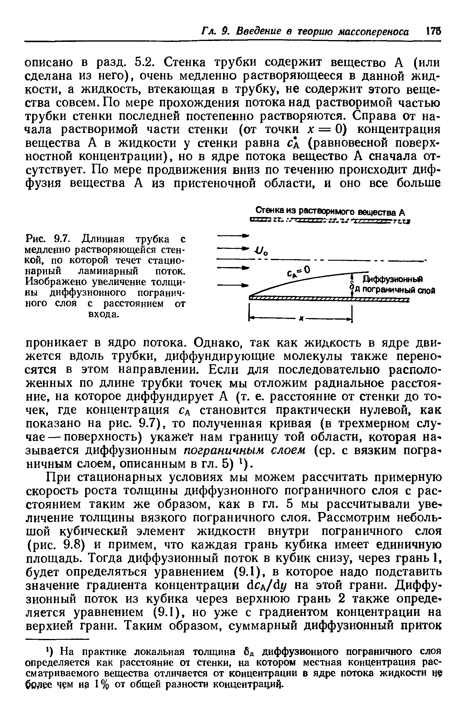 Рис. 9.7. Длинная трубка с медленно растворяющейся стенкой, по которой течет стационарный ламинарный поток. Изображено увеличение толщины диффузионного пограничного слоя с расстоянием от входа.