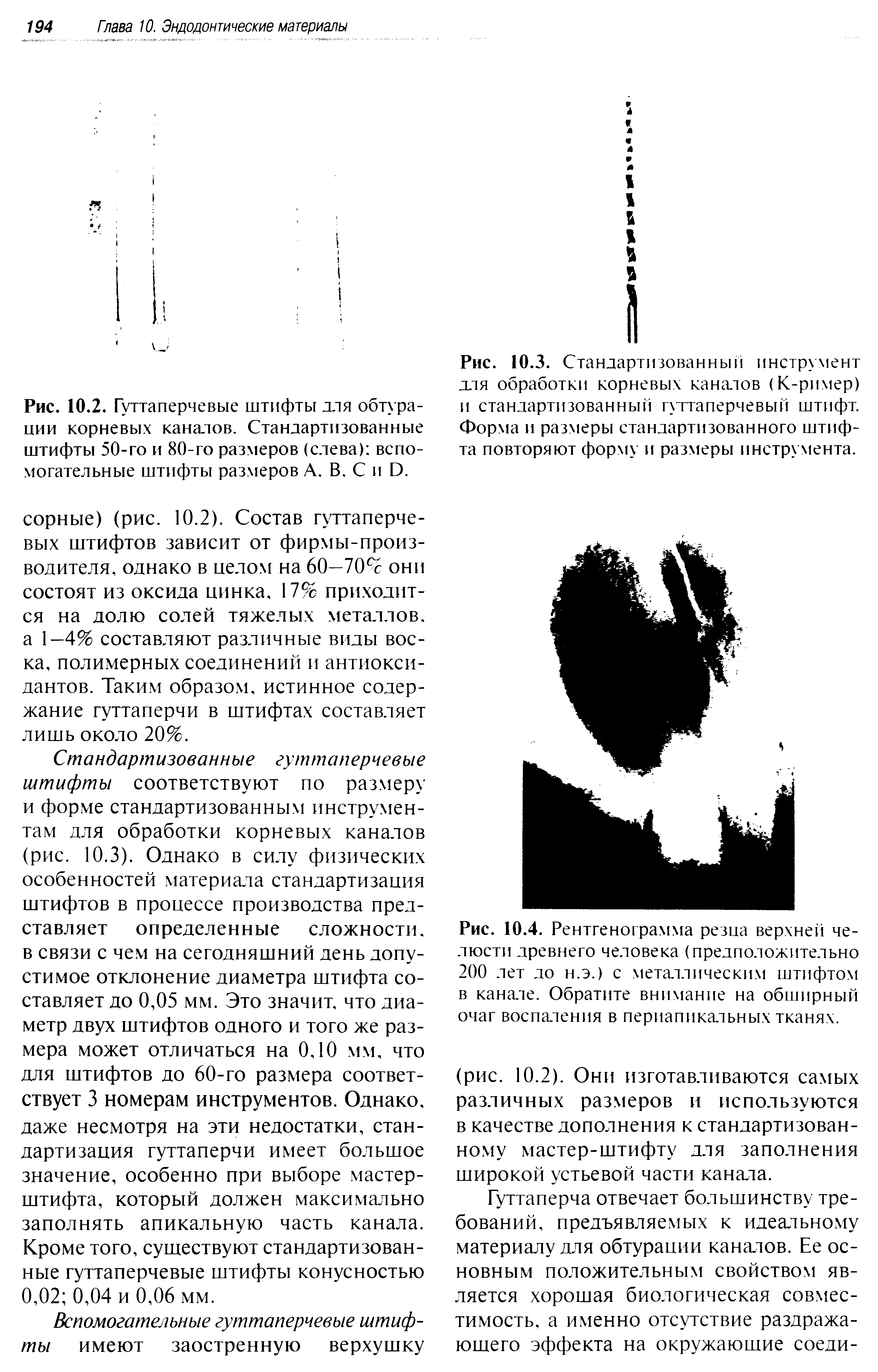 Рис. 10.3. Стандартизованный инструмент для обработки корневых каналов (К-ример) и стандартизованный гуттаперчевый штифт. Форма и размеры стандартизованного штифта повторяют форму и размеры инструмента.