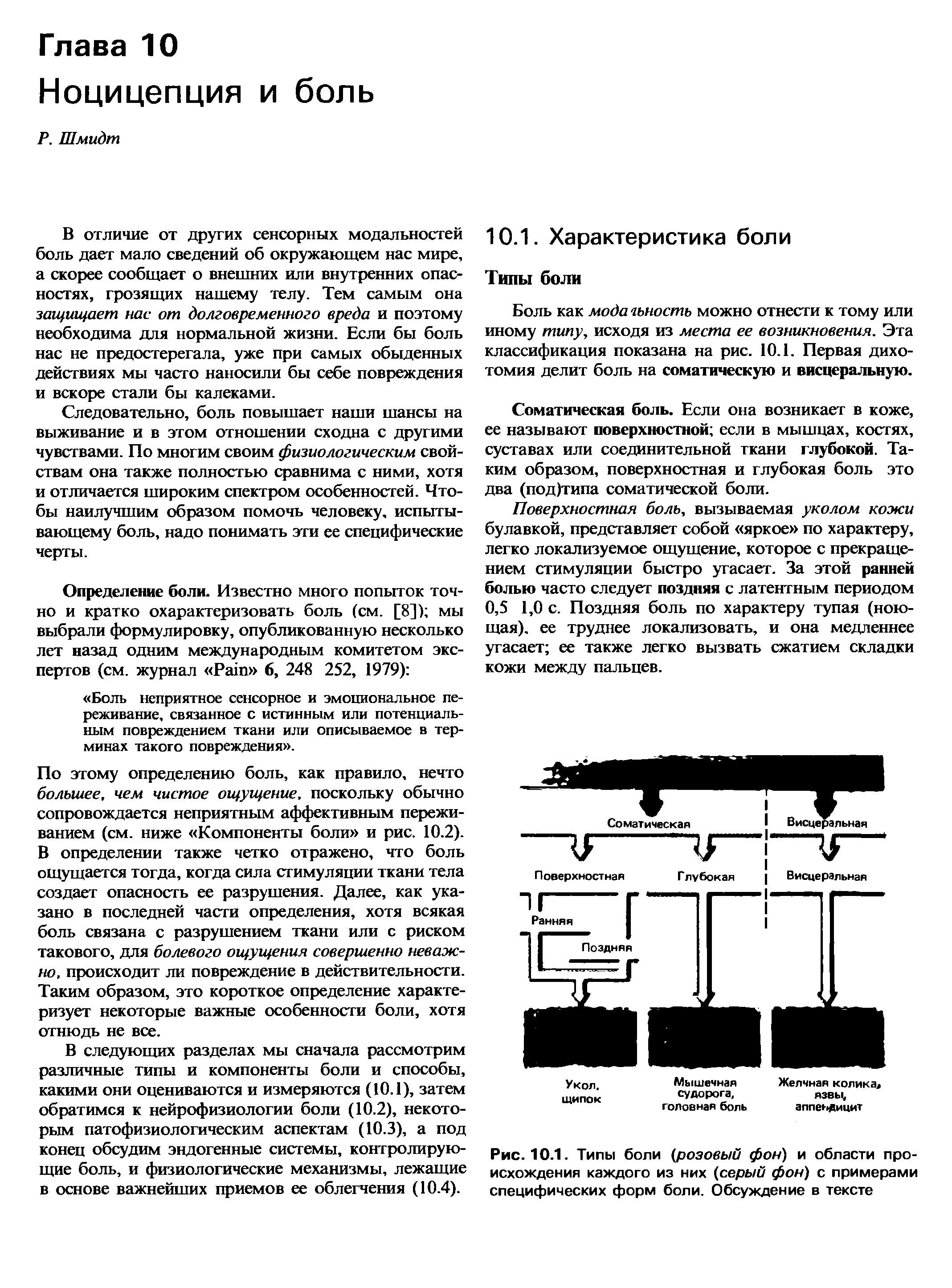 Рис. 10.1. Типы боли (розовый фон) и области происхождения каждого из них (серый фон) с примерами специфических форм боли. Обсуждение в тексте...