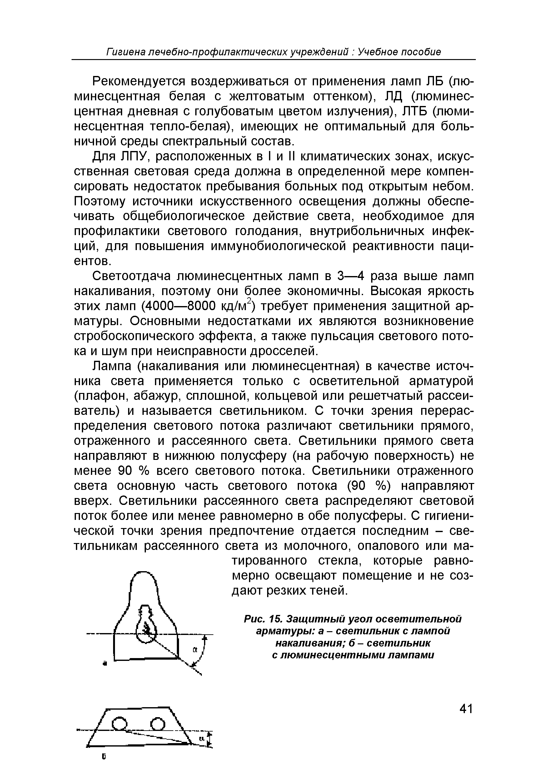 Рис. 15. Защитный угол осветительной арматуры а - светильник с лампой накаливания б - светильник с люминесцентными лампами...